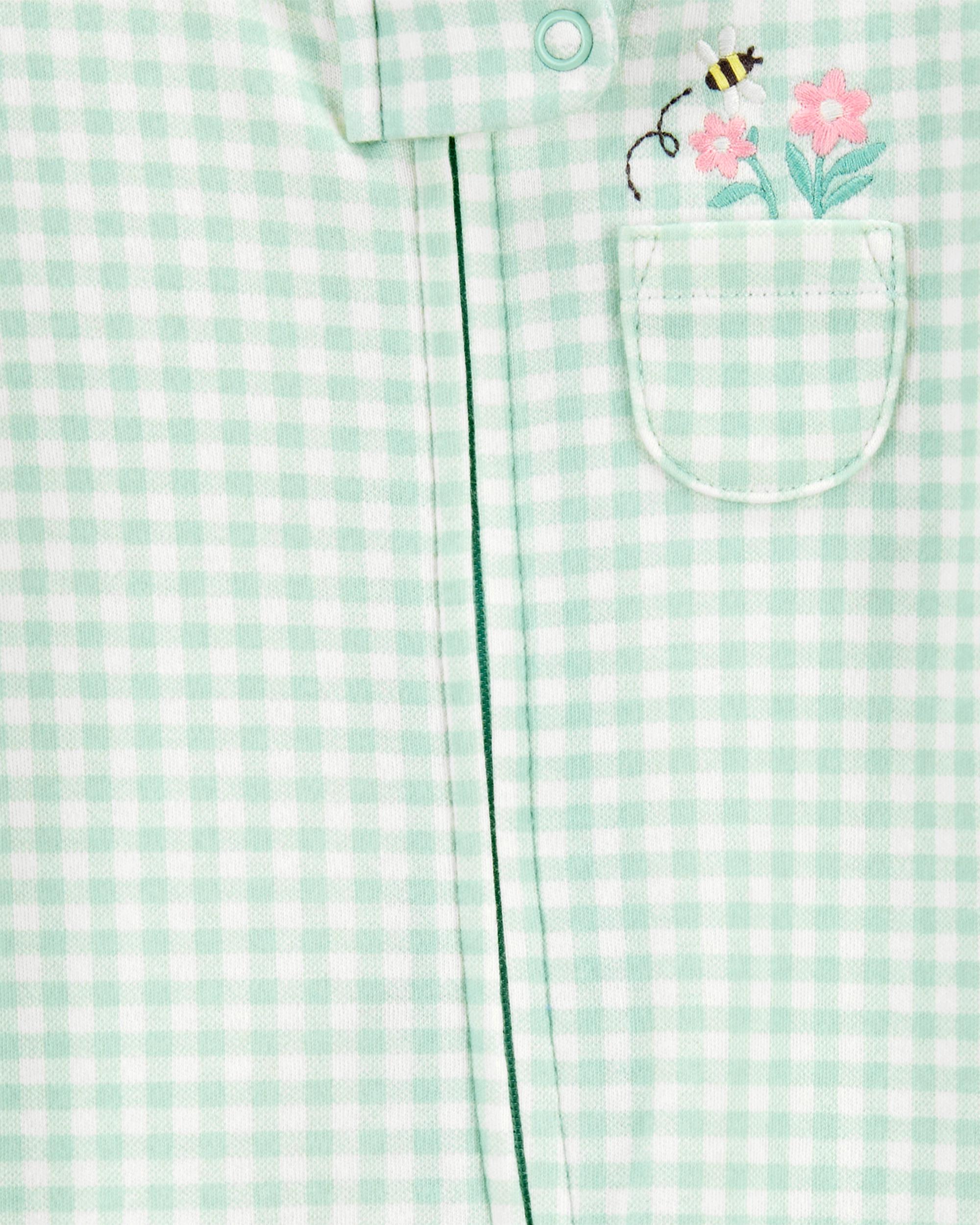 Baby Girl Gingham 2-Way Zip Cotton Sleeper Pyjamas - Green