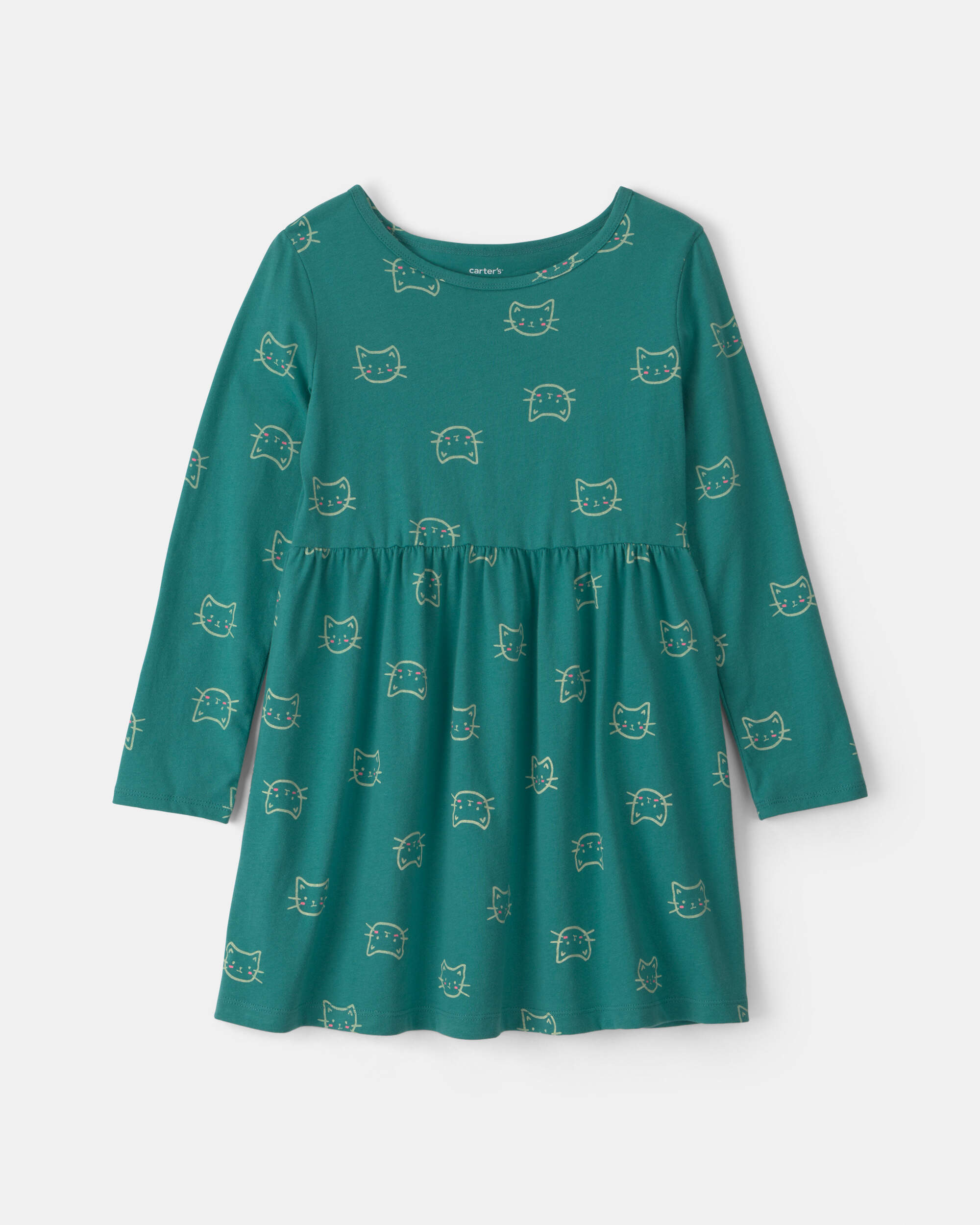 Girls Cat Long-Sleeve Dress - Green