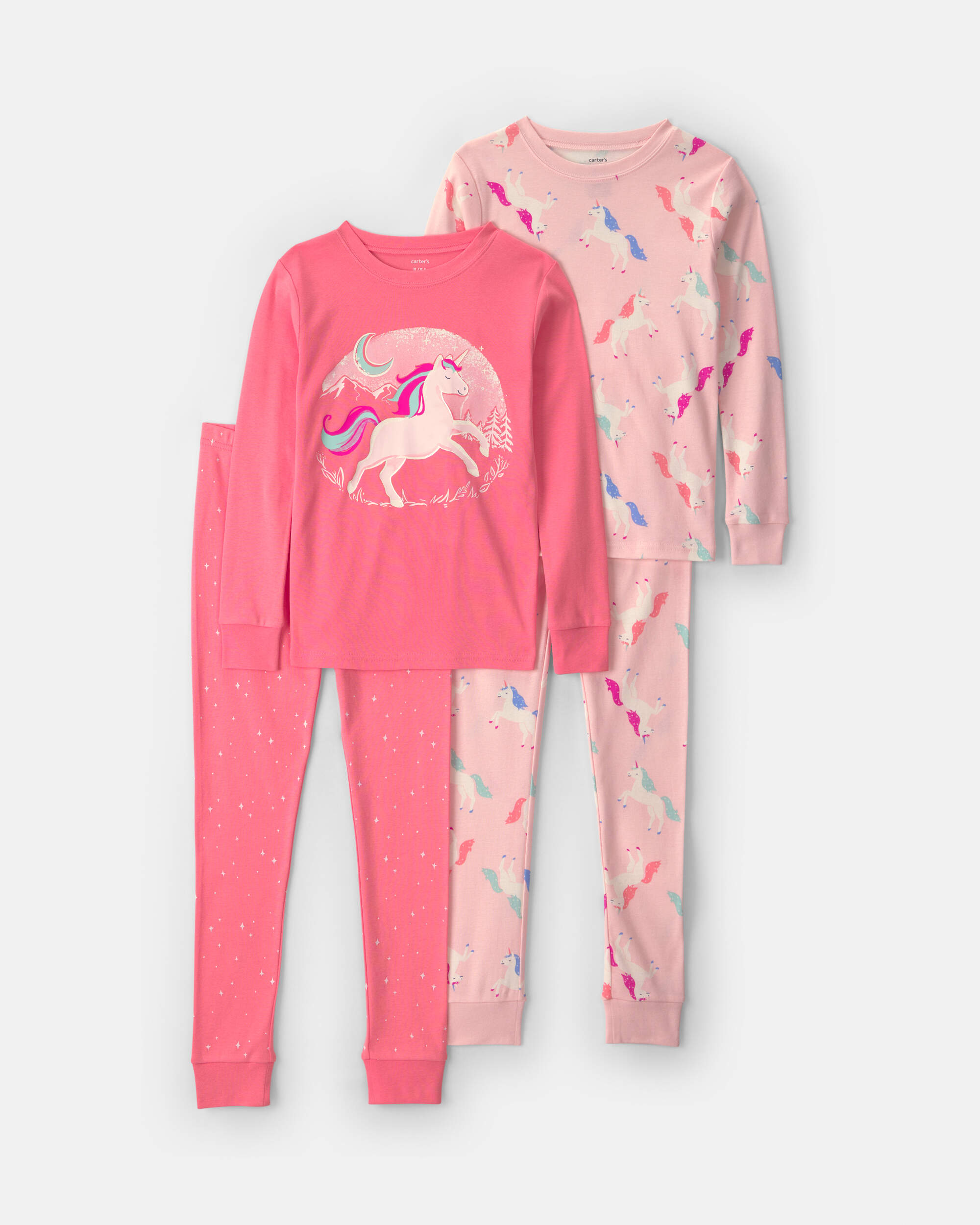 Girls 4-Piece Unicorn 100% Cotton Snug Fit Pyjama Set - Coral/Pink