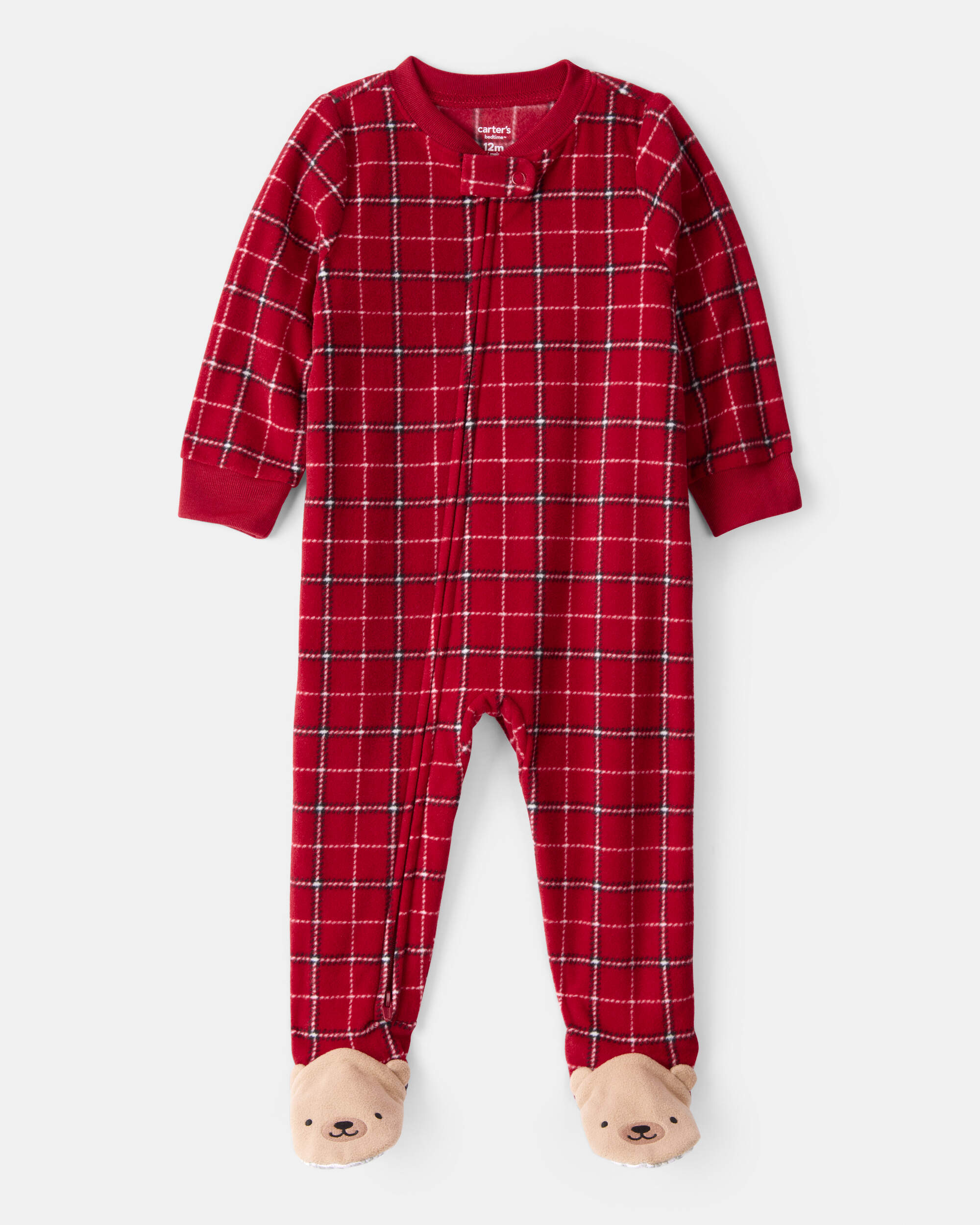 Toddler Boy Plaid Fleece Long-Sleeve Loose Fit 1-Piece Pajamas - Red