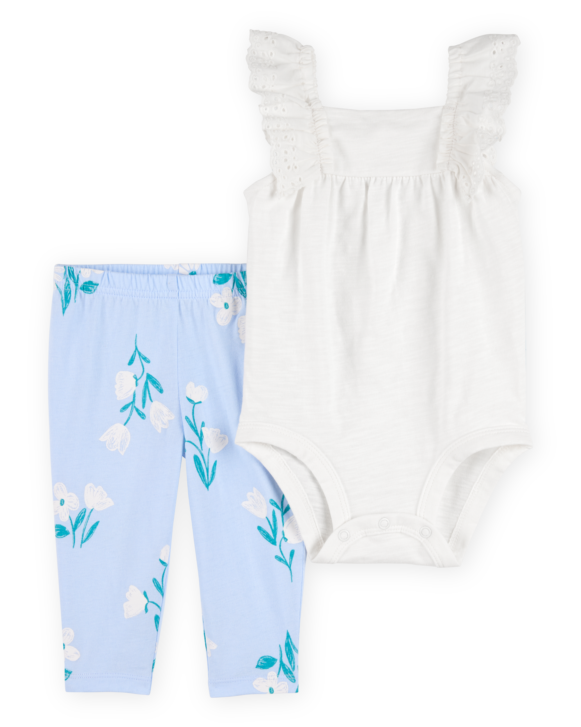 Baby 2-Piece Eyelet Flutter Bodysuit Pant Set - White/Blue