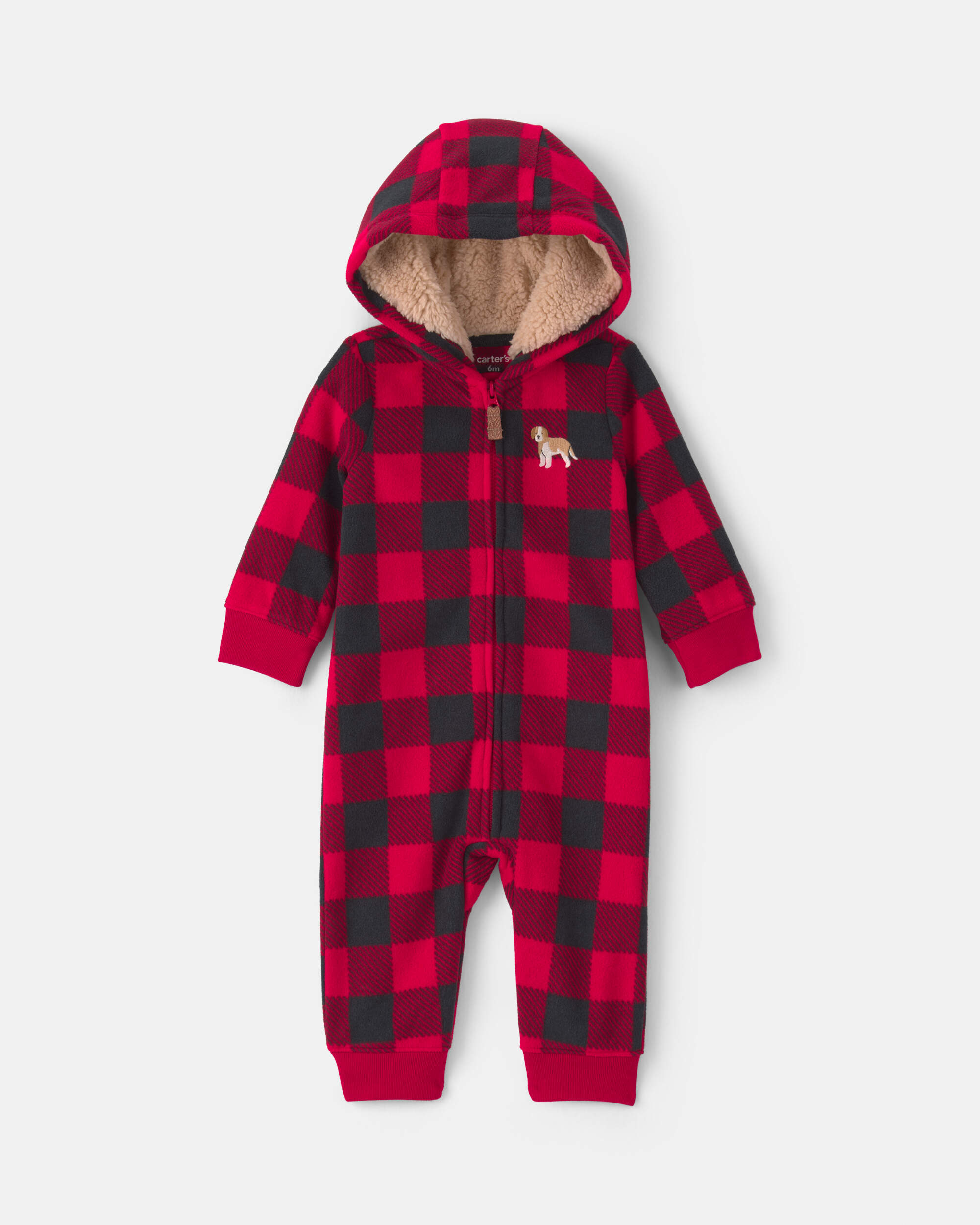 Baby Boy Buffalo Check Fleece Long-Sleeve Jumpsuit - Red/Black