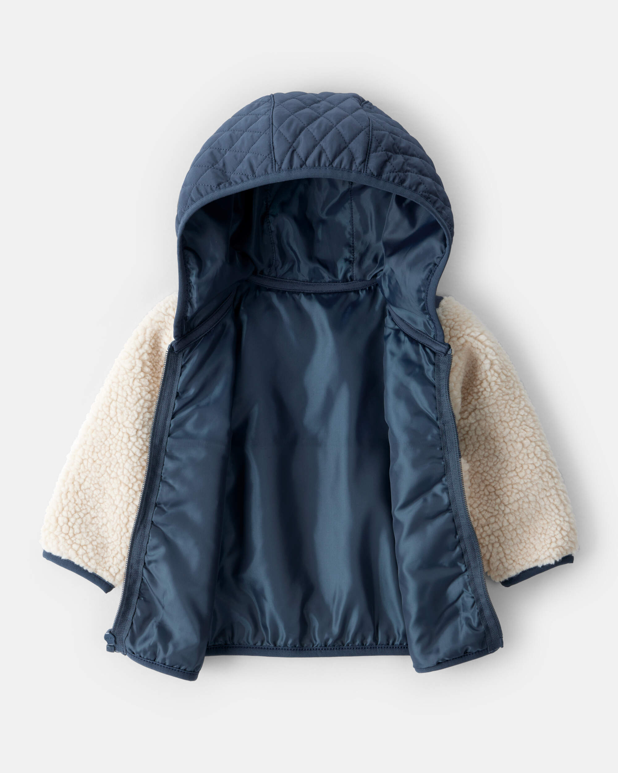 Baby Boy Colour Block Hooded Sherpa Zip-Up Jacket - Khaki/Navy