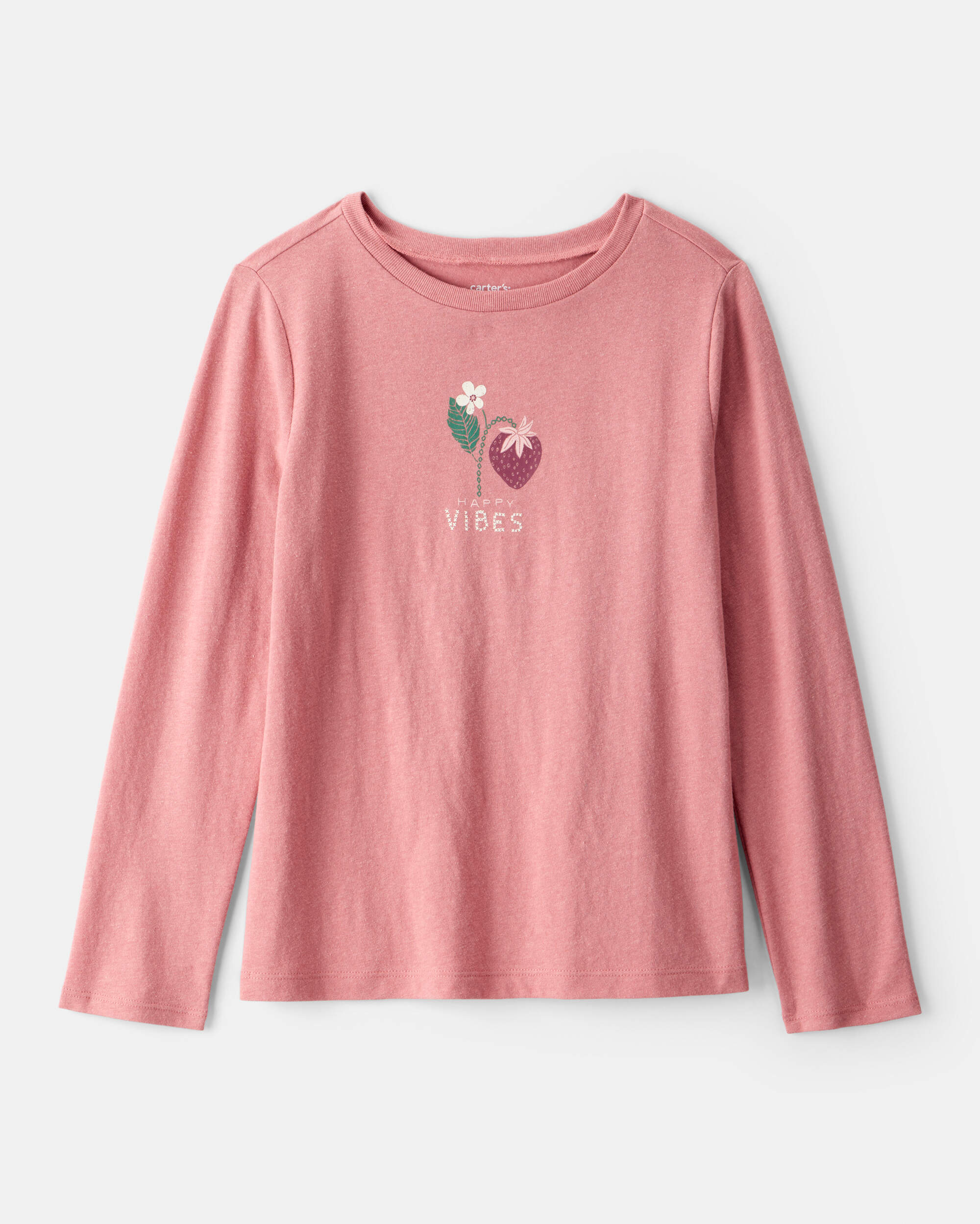 Girls Strawberry Happy Vibes Long-Sleeve Graphic Tee - Pink