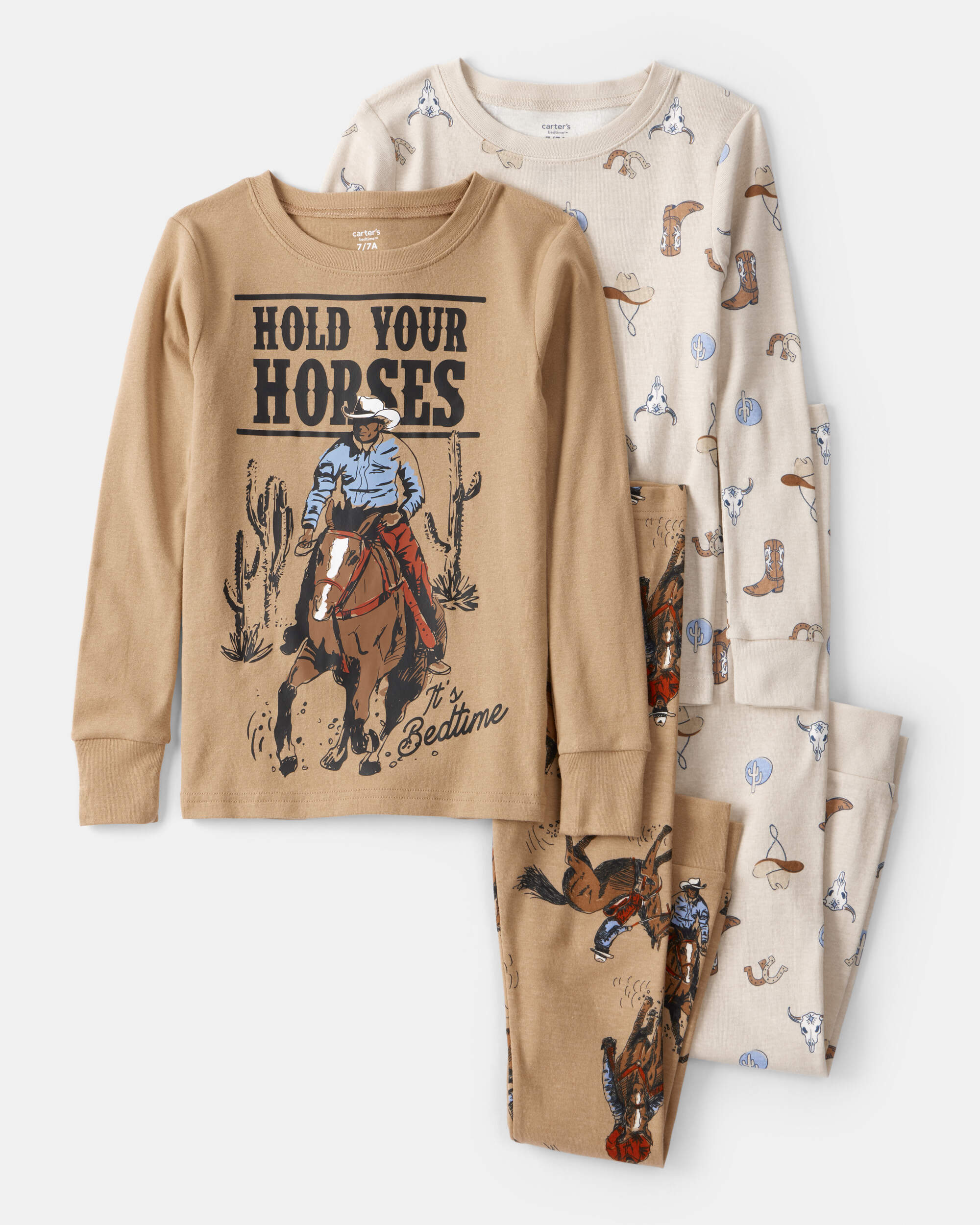 Boys Western Print 100% Cotton Long-Sleeve Snug Fit 4-Piece Pyjamas - Brown
