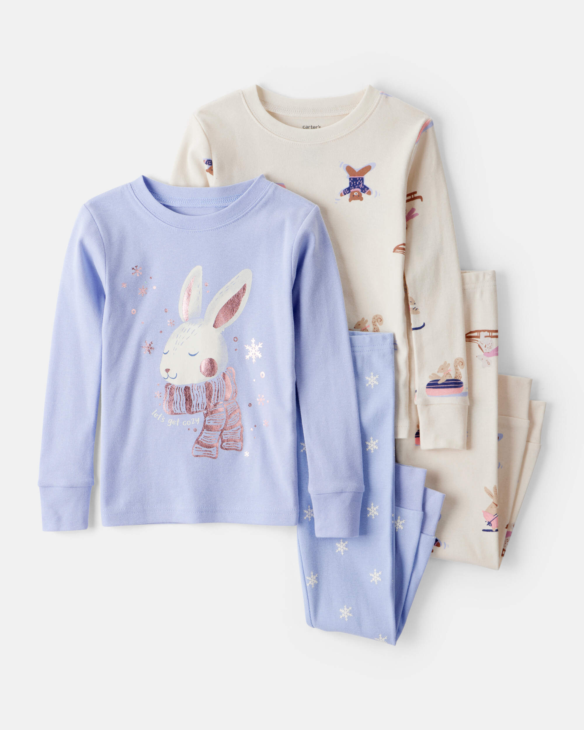 Toddler Girl Bunny Print 100% Cotton Long-Sleeve Snug Fit 4-Piece Pyjamas - Brown/Blue