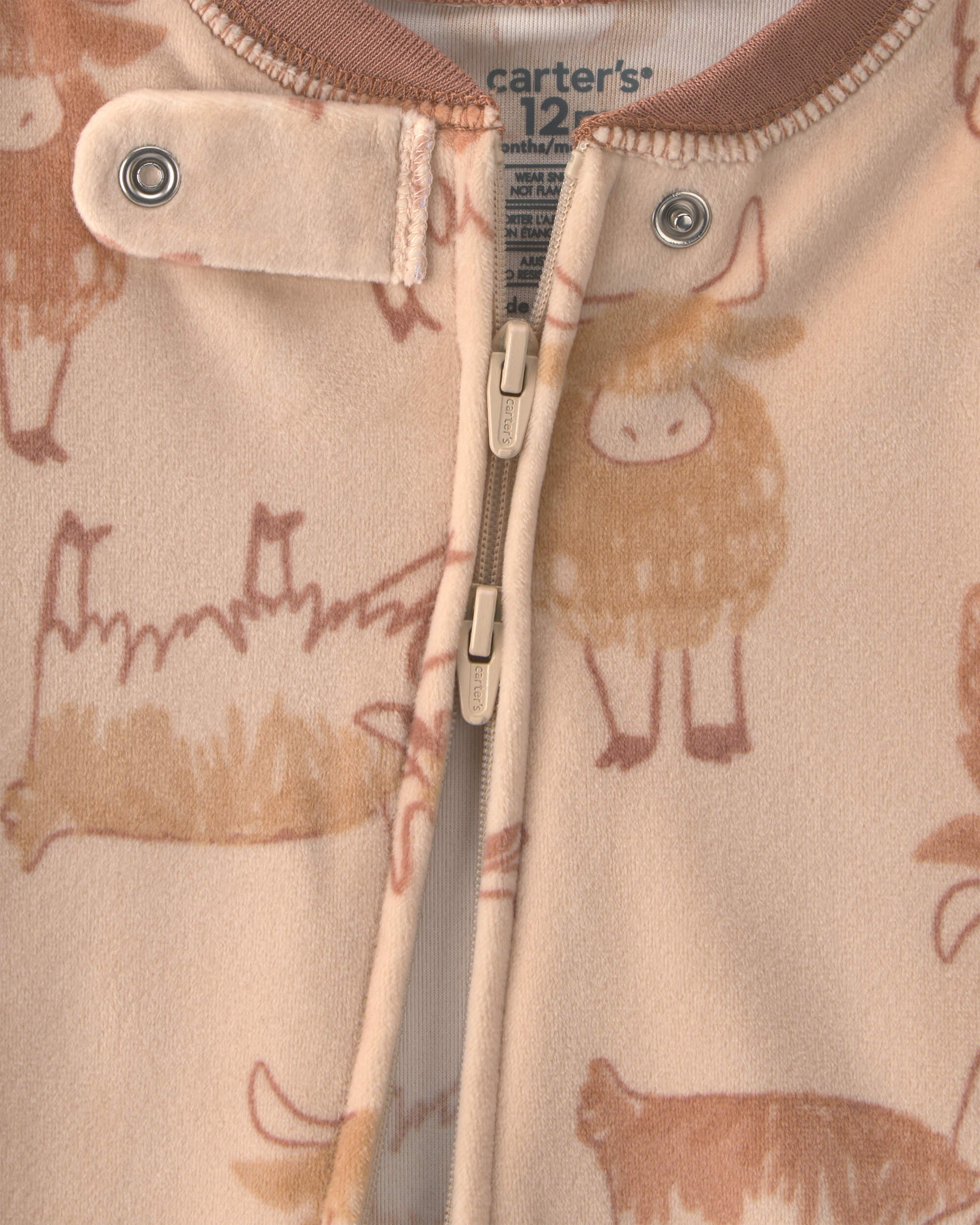 Baby Boy 1-Piece Cow 2-Way Zip DreamPlush Snug Fit Footed Pyjama - Brown