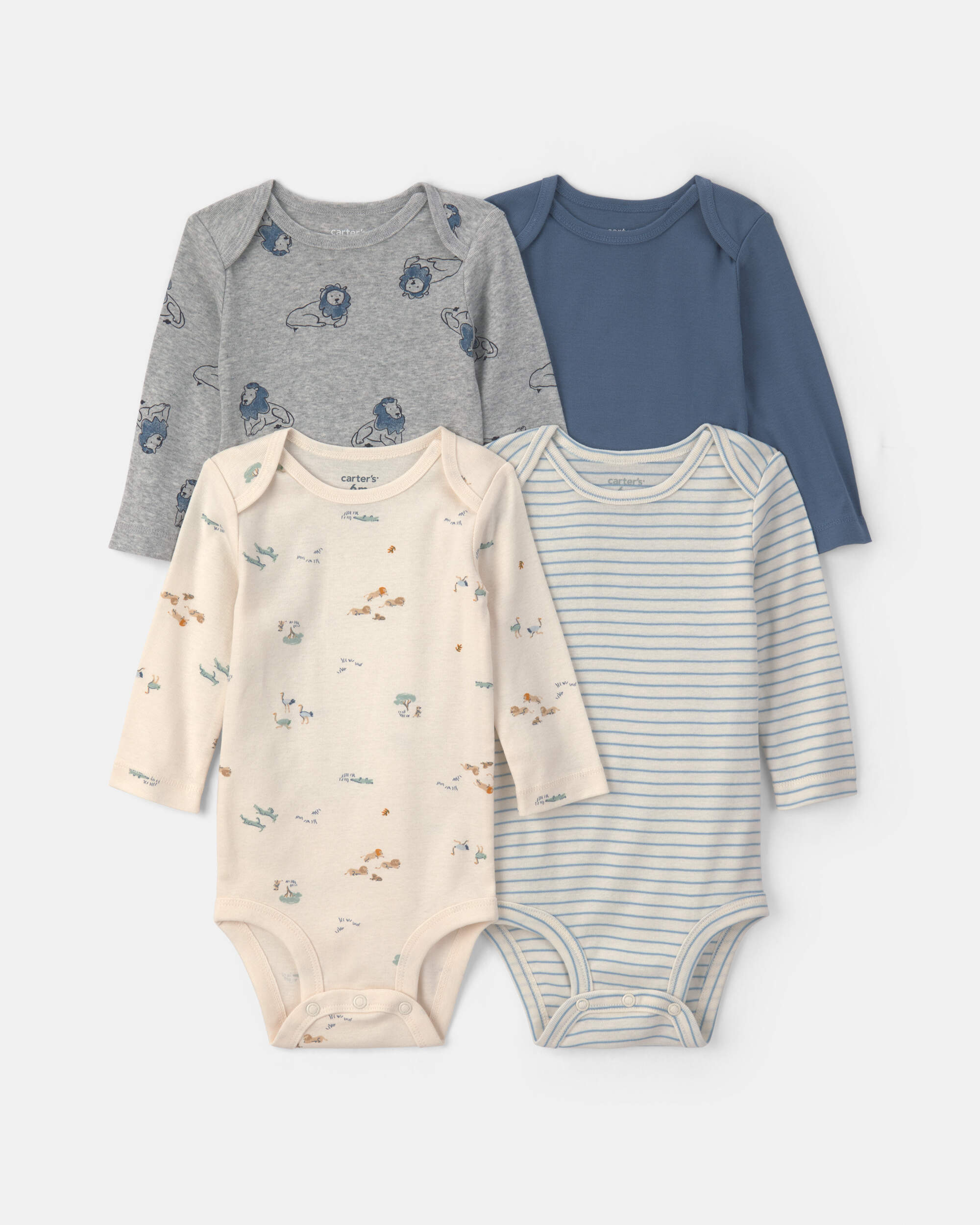 Baby Boy 4-Pack Lion Long-Sleeve Bodysuits - Blue/Grey/Ivory