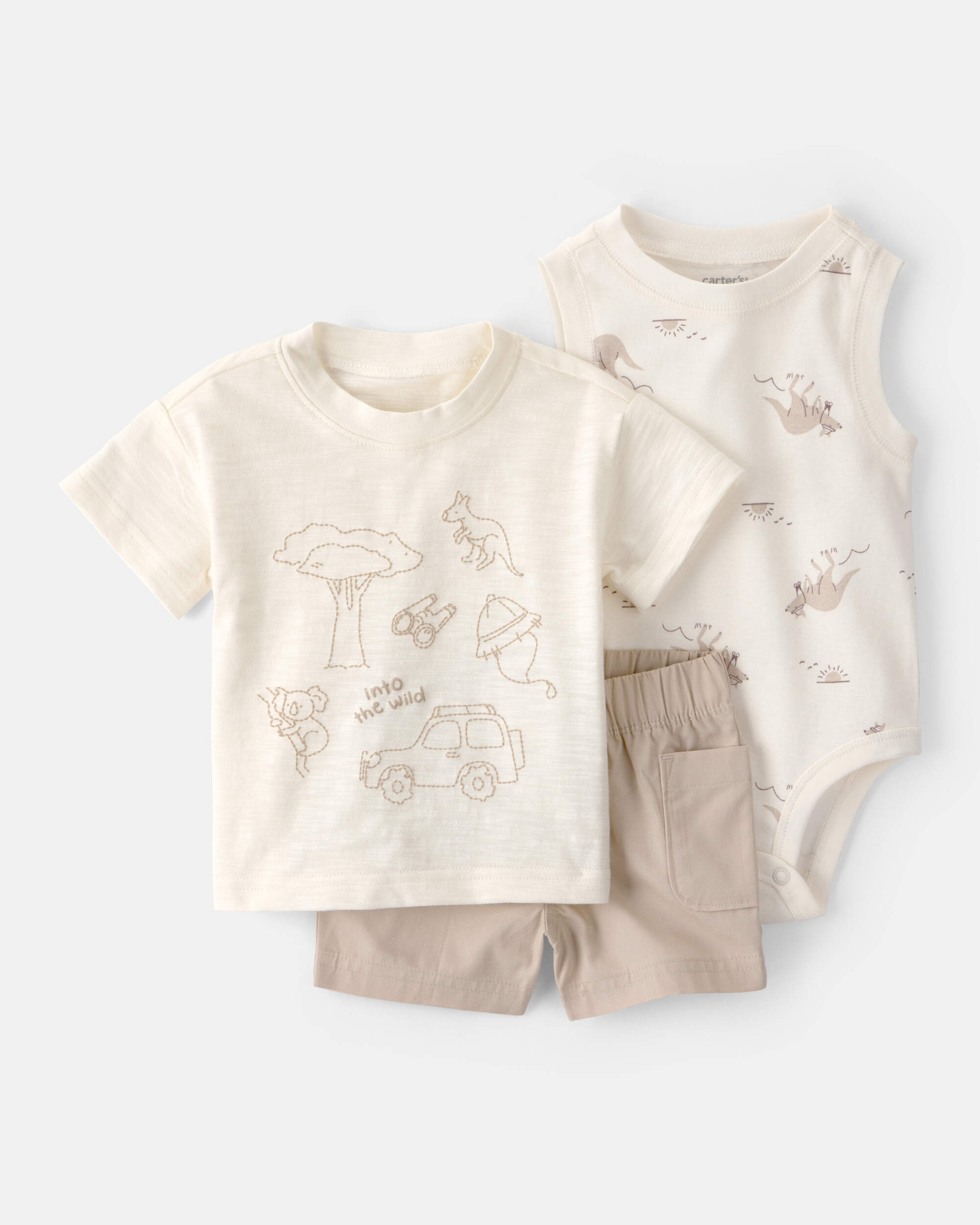 Baby Boy 3-Piece Into The Wild Short-Sleeve Top & Short Set - White/Brown