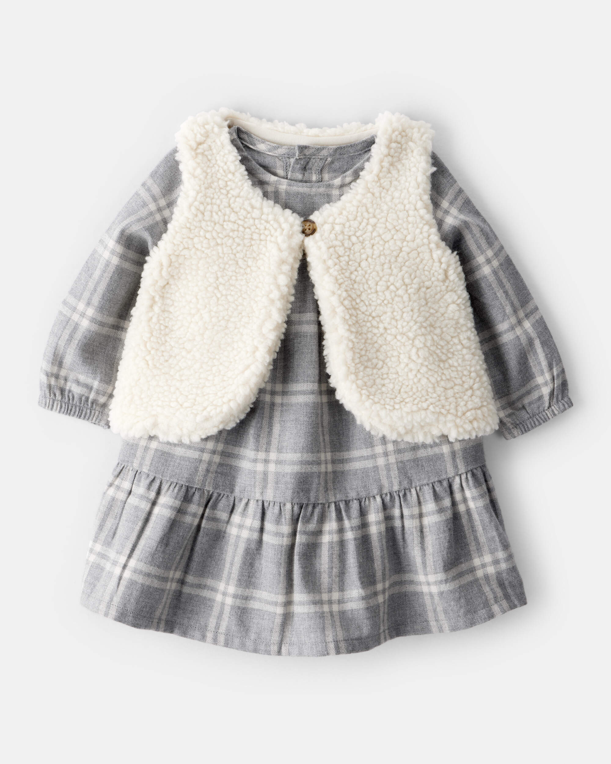 Baby Girl 2-Piece Plaid Sherpa Vest & Dress Set