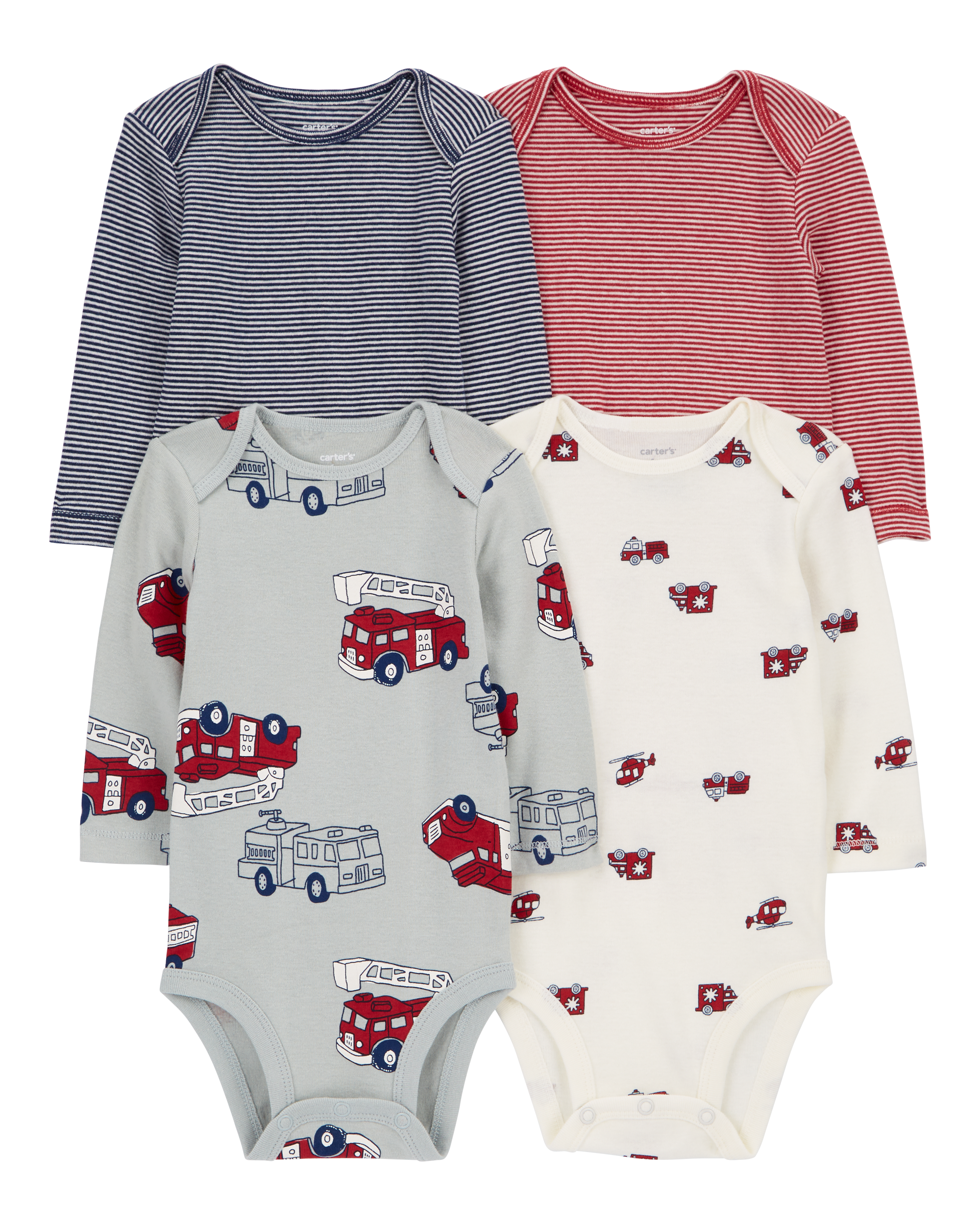 Baby 4-Pack Long-Sleeve Firetruck Bodysuits