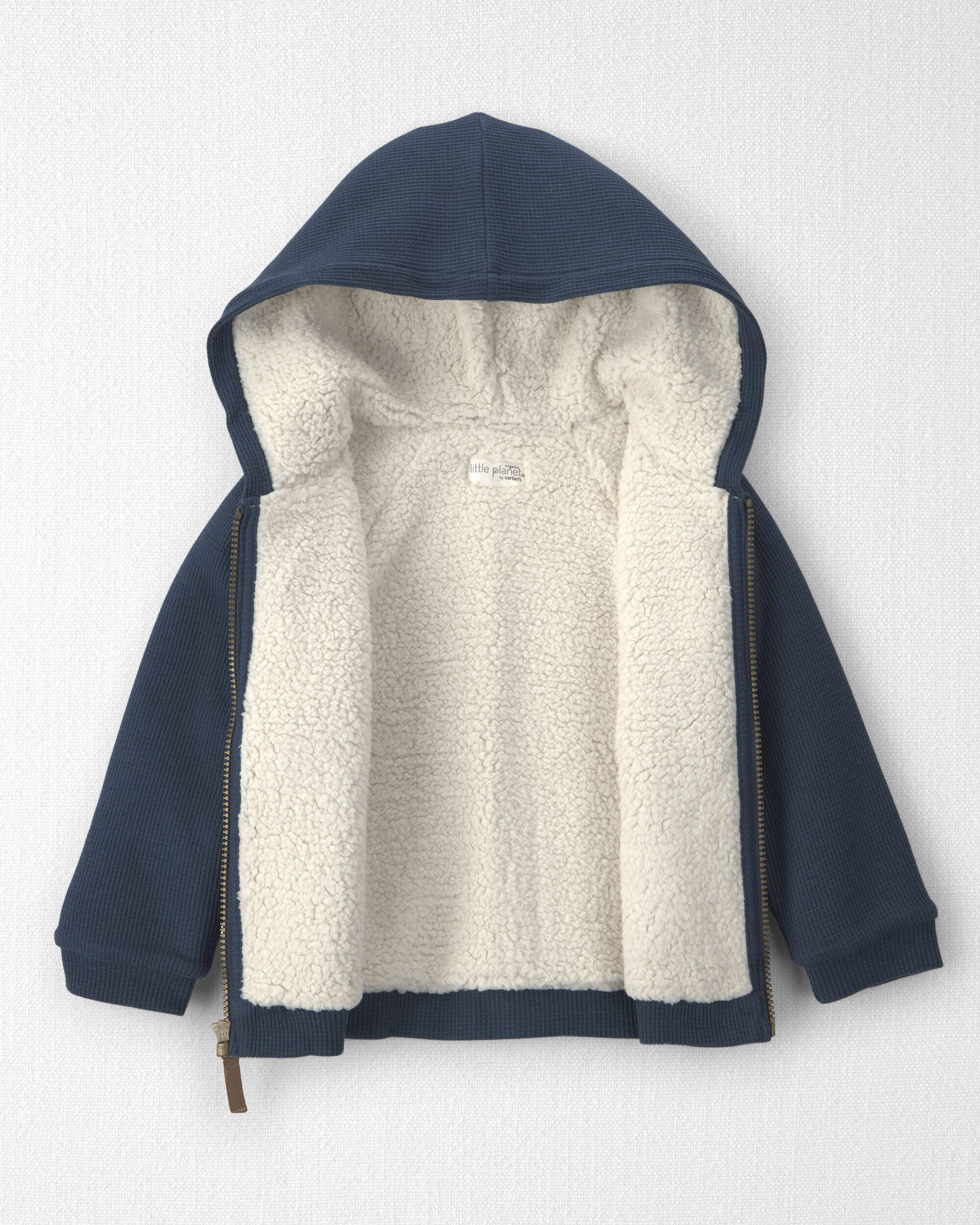 Toddler Boy Recycled Teddy Fleece Waffle Knit Hooded Jacket Made with Organic Cotton