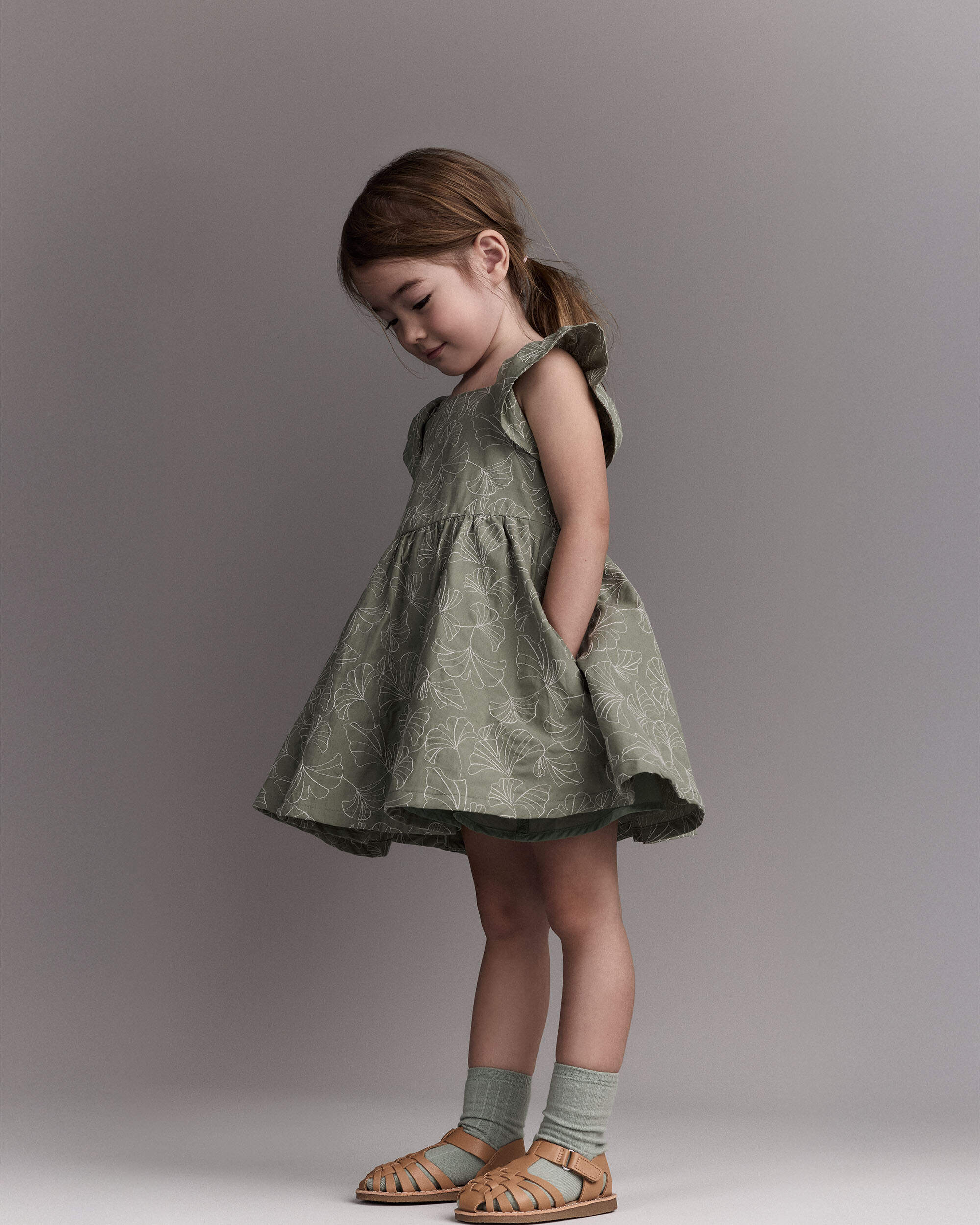 Toddler Girl Embroidered Flutter Sleeve Dress Floral Print - Green