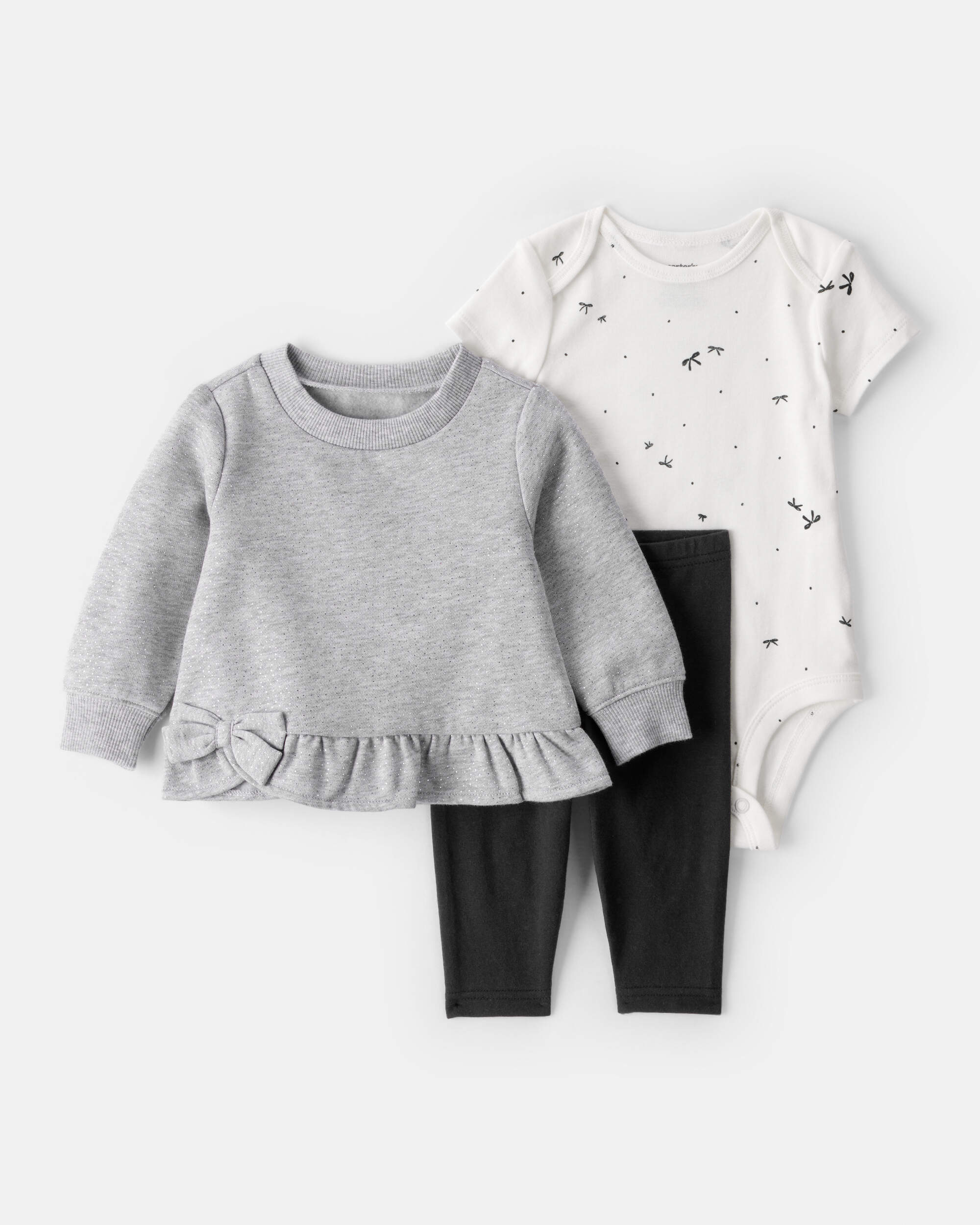 Baby Girl 3-Piece Bow Fleece Long-Sleeve Bodysuit & Pant Set
