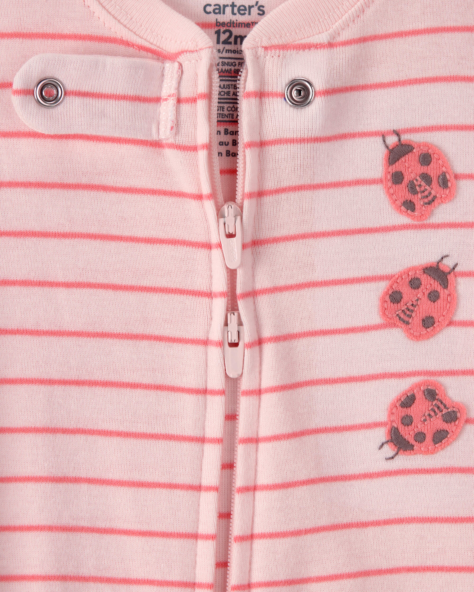 Baby Girl Ladybug Striped 100% Cotton Snug Fit 1-Piece Pyjama Set - Pink