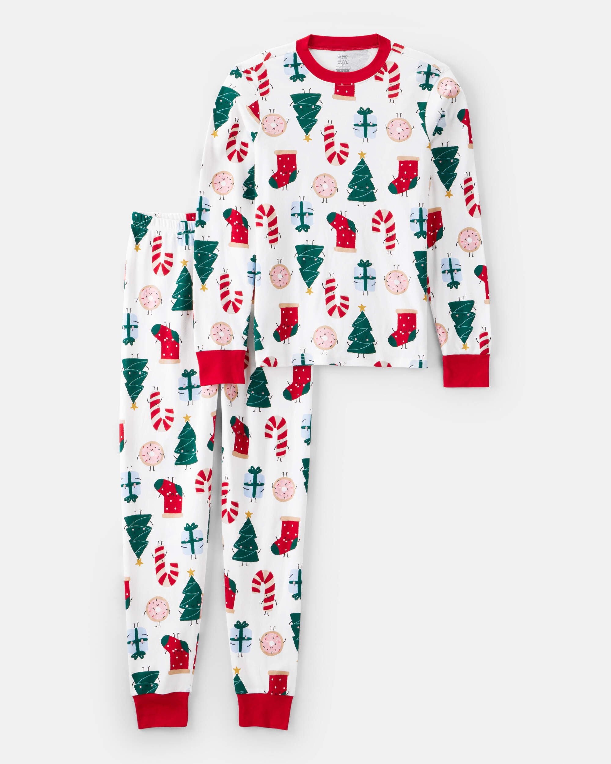 Adult Christmas Print 100% Cotton Long-Sleeve 2-Piece Pyjamas - White