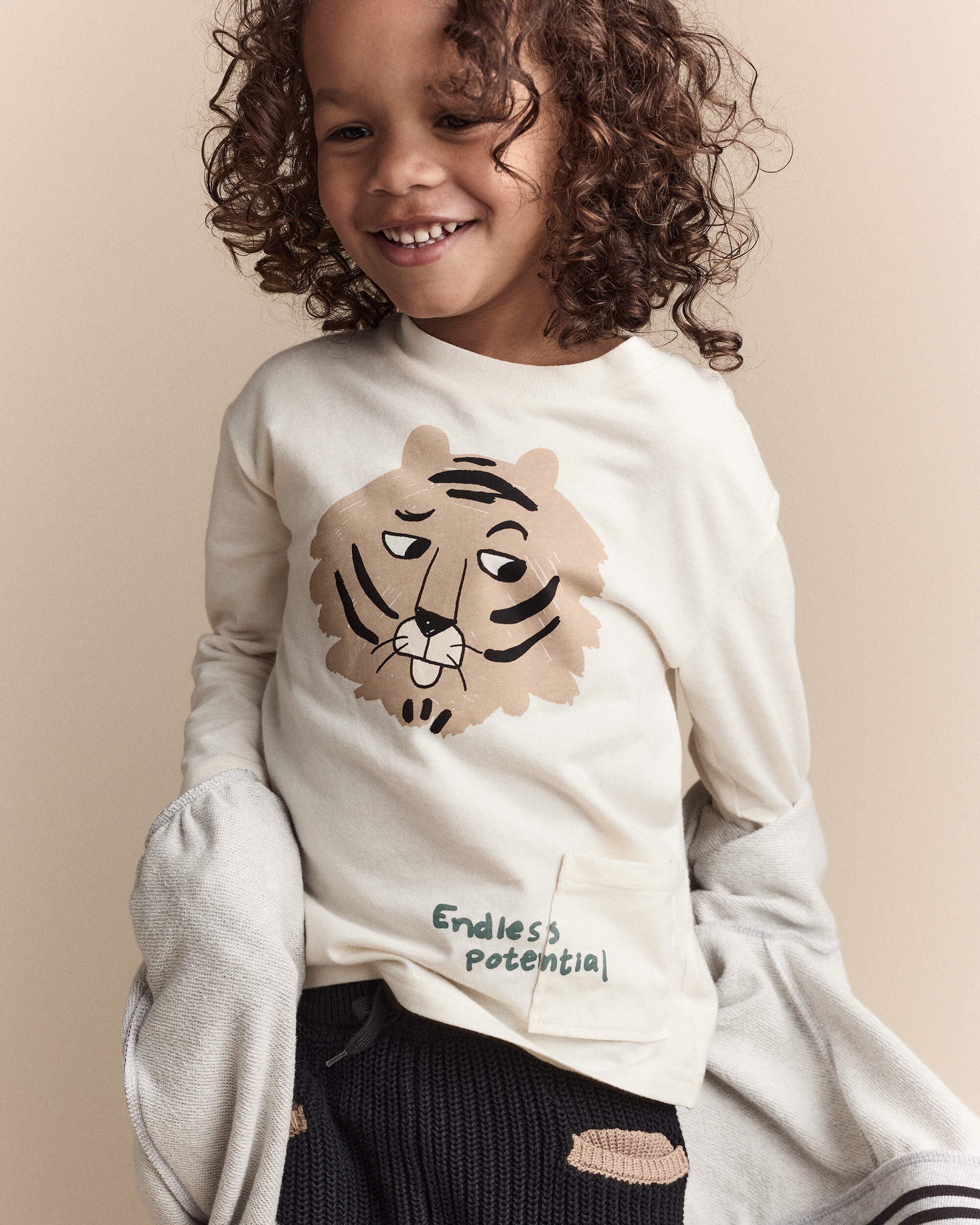 Toddler Endless Potential Tiger Long-Sleeve Pocket Graphic Tee - Cream