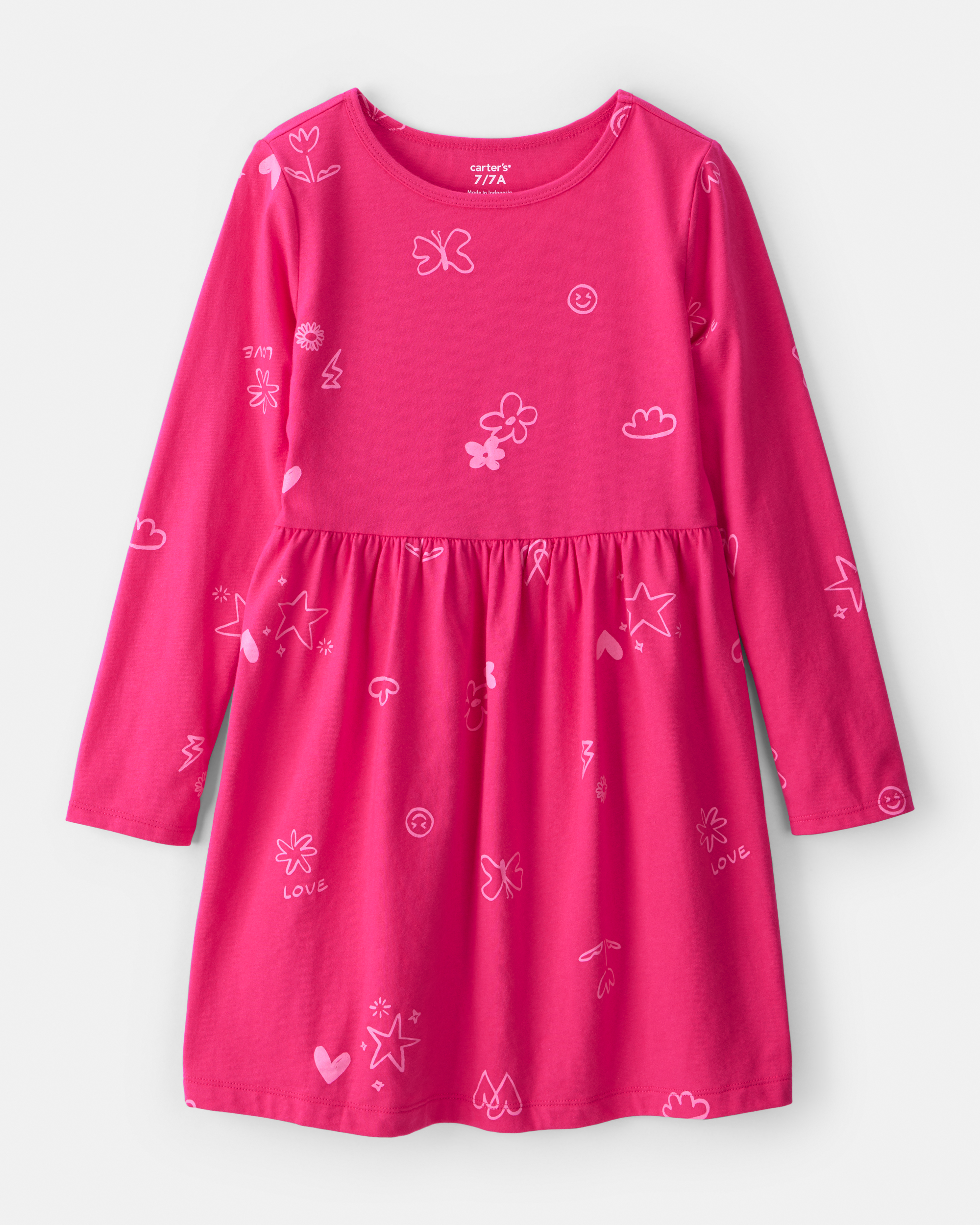 Girls Doodle Print Long-Sleeve Dress - Pink