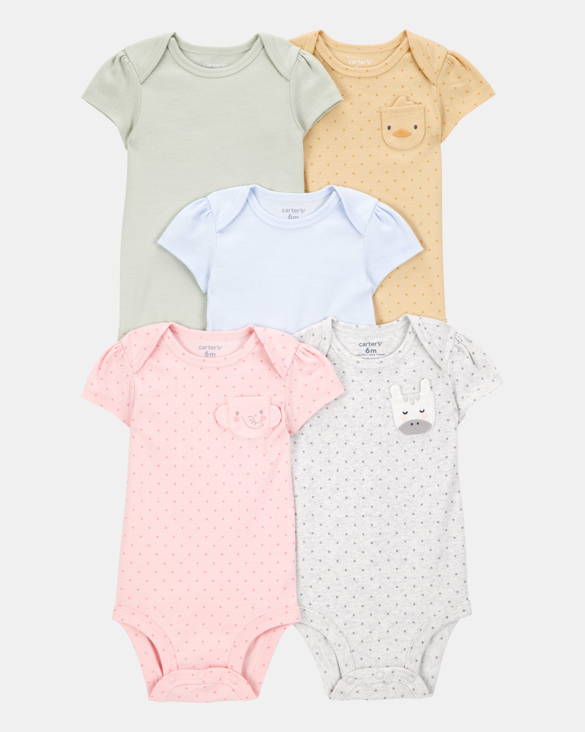 Baby Girl 5-Pack Animal Short-Sleeve Cotton Bodysuits