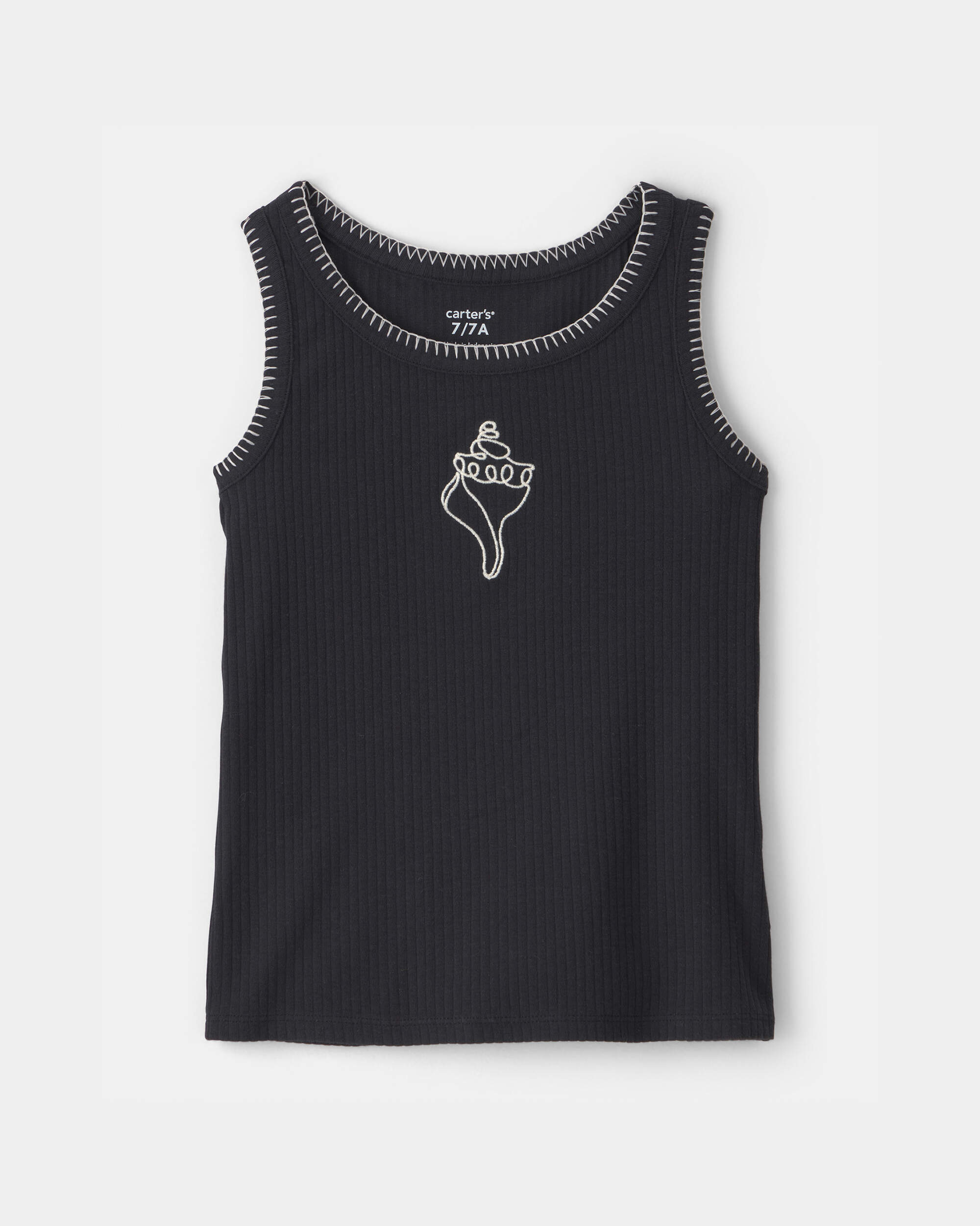 Girls Shell Embroidered Rib Tank Top - Black