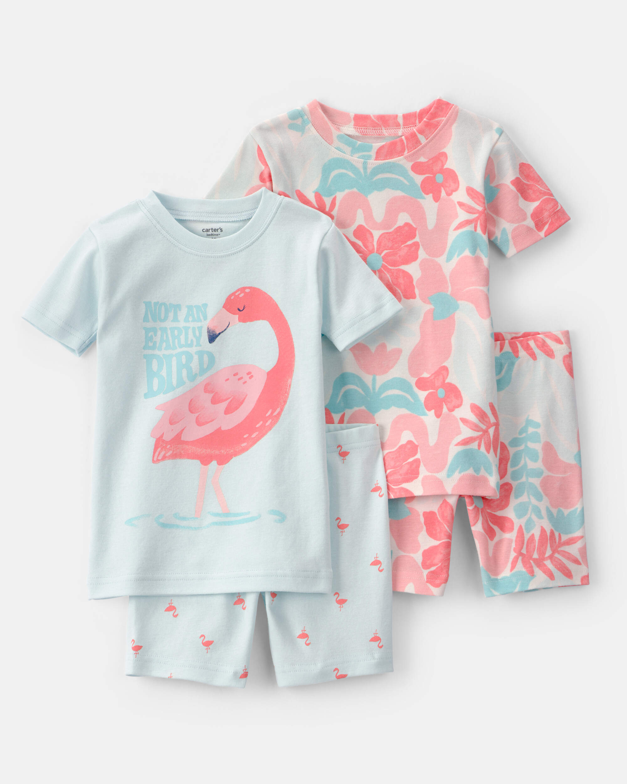 Baby Girl Flamingo 100% Cotton Short-Sleeve Snug Fit 4-Piece Pyjama Set - Pink/Blue