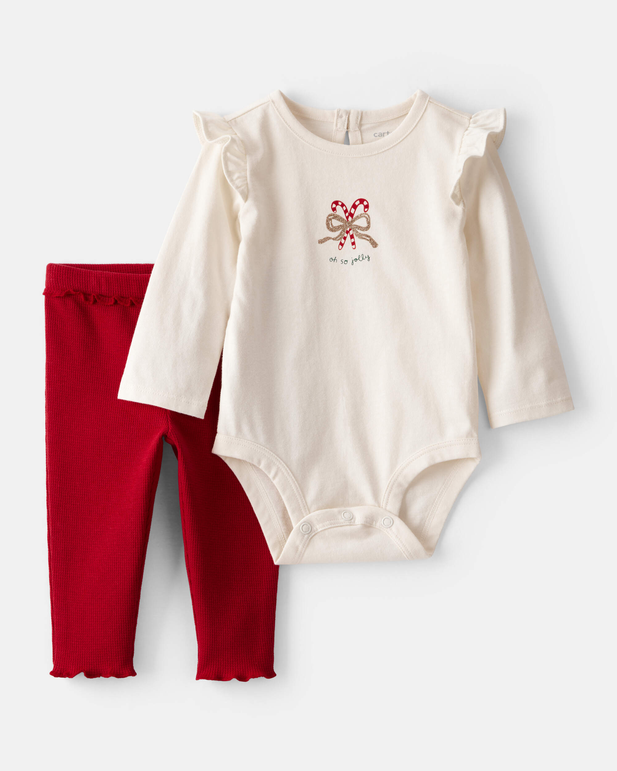 Baby Girl 2-Piece Candy Cane Ruffle Bodysuit & Pant Set - Cream/Red