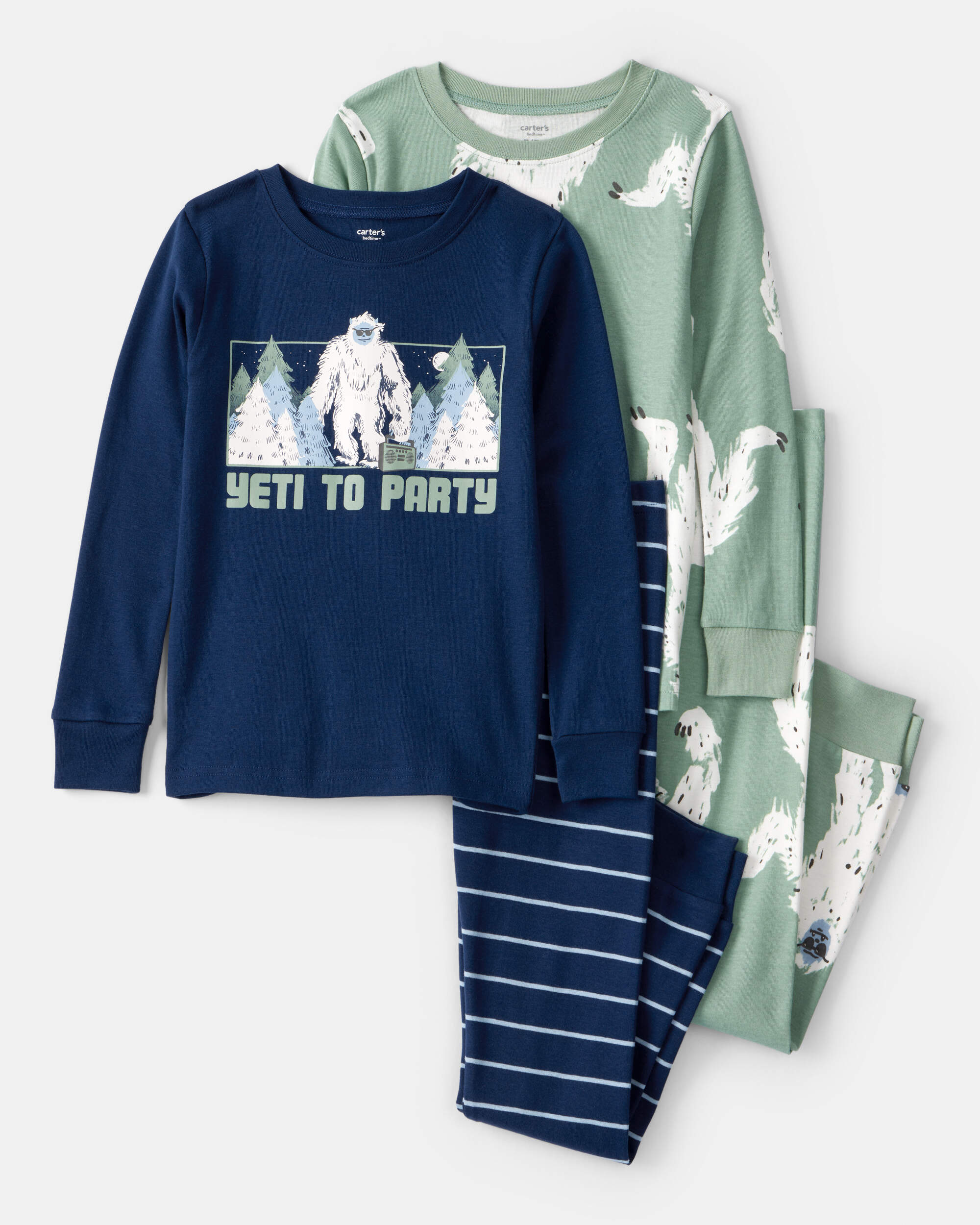 Boys Yeti Print 100% Cotton Long-Sleeve Snug Fit 4-Piece Pyjamas - Green/Navy