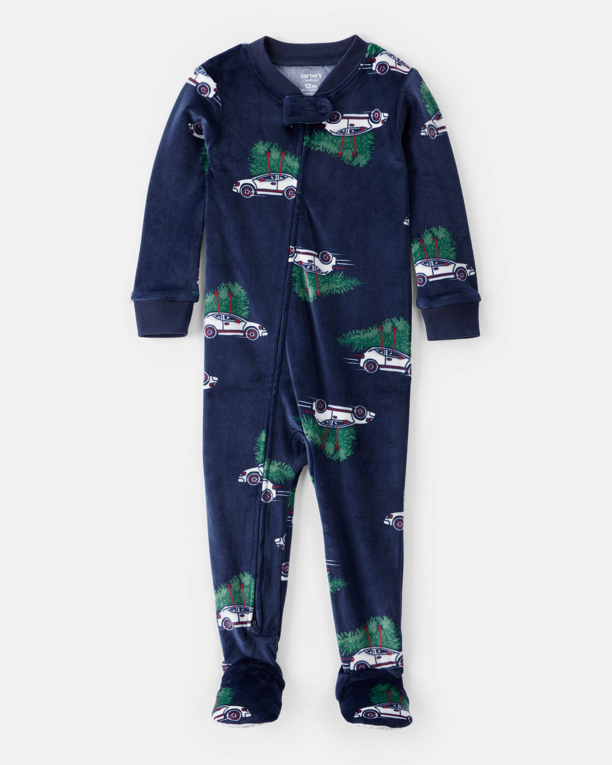 Baby Boy Car Print Velour Long-Sleeve Loose Fit 1-Piece pyjamas - Navy