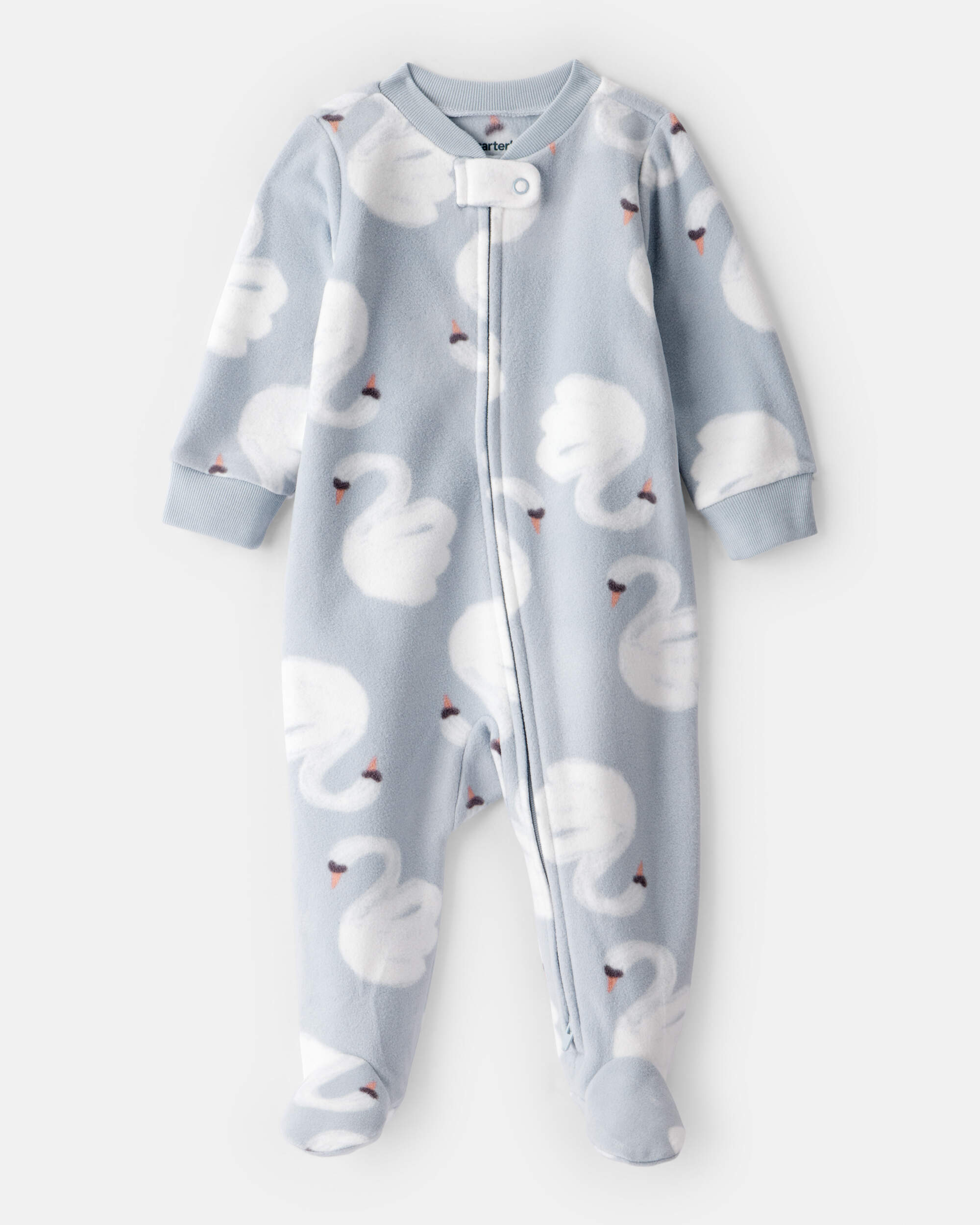 Baby Girl Swan Print Fleece Long-Sleeve Loose Fit Sleeper - Blue