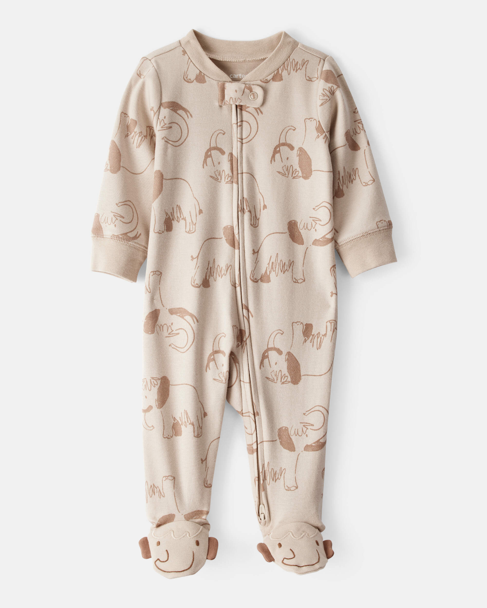 Baby Boy Mammoth Print 100% Cotton Long-Sleeve Snug Fit Sleeper - Beige