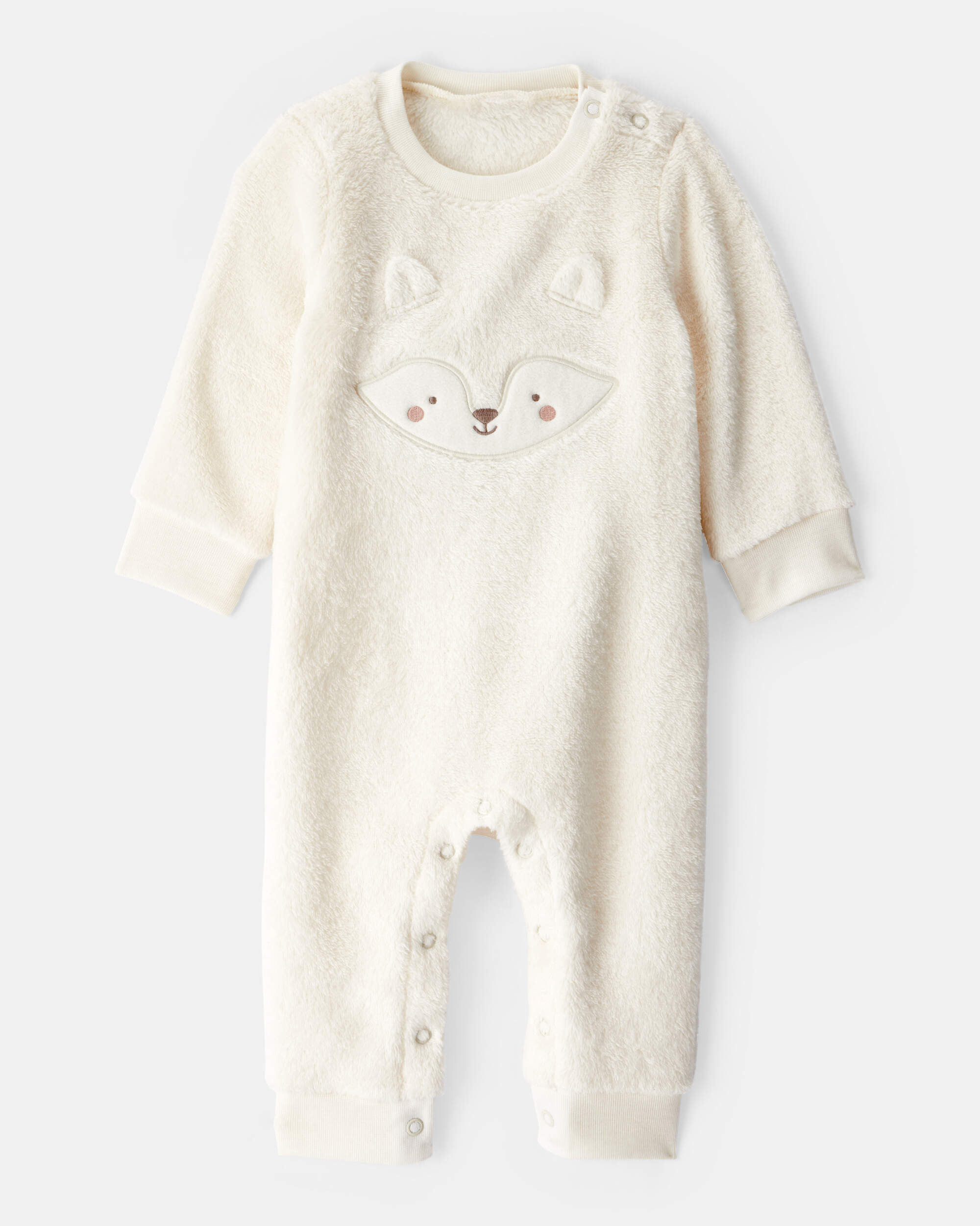 Baby Girl Fox Velour Long-Sleeve Snug Fit Jumpsuit - White