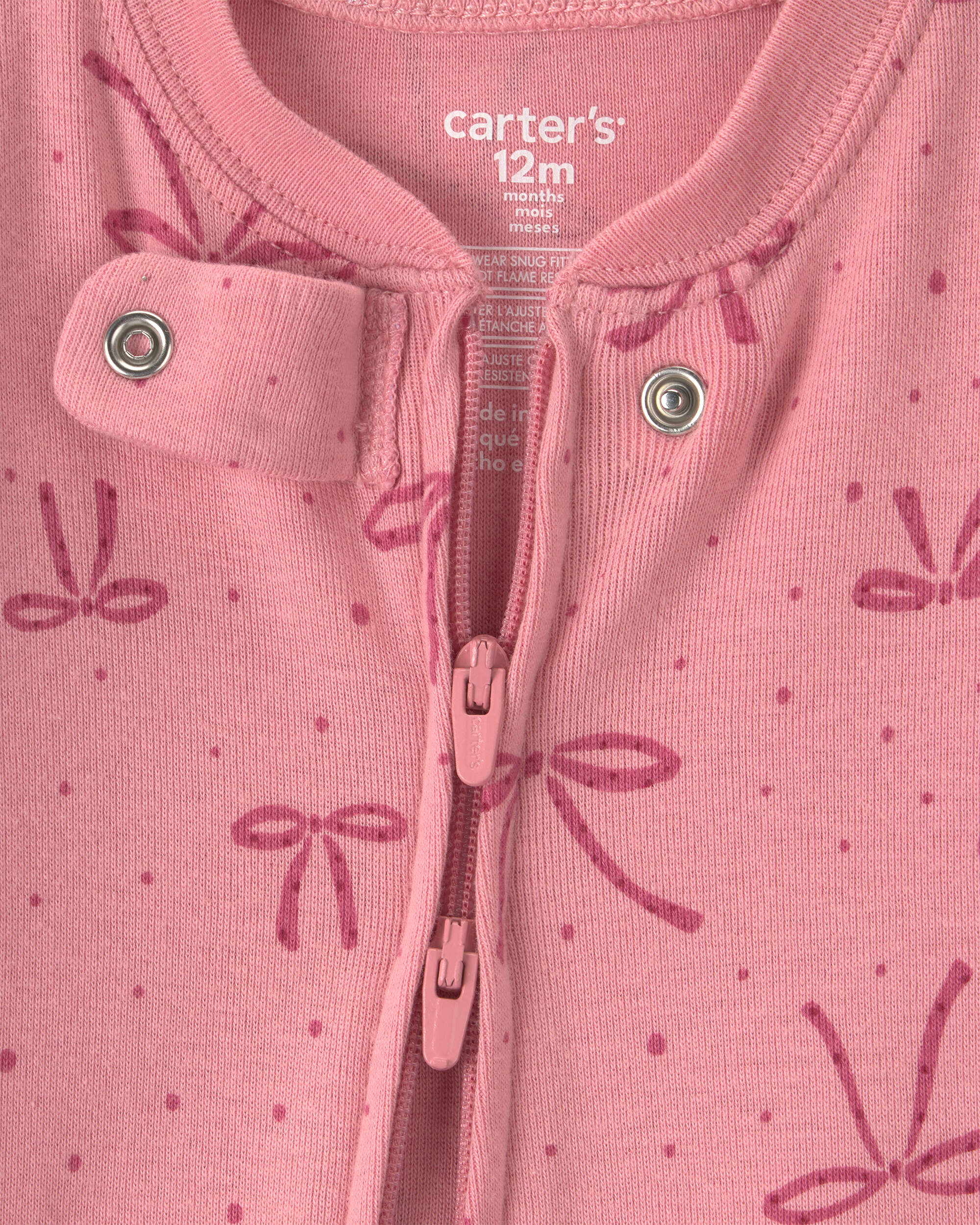 Baby Girl 1-Piece Bows 2-Way Zip 100% Cotton Snug Fit Pyjama - Pink