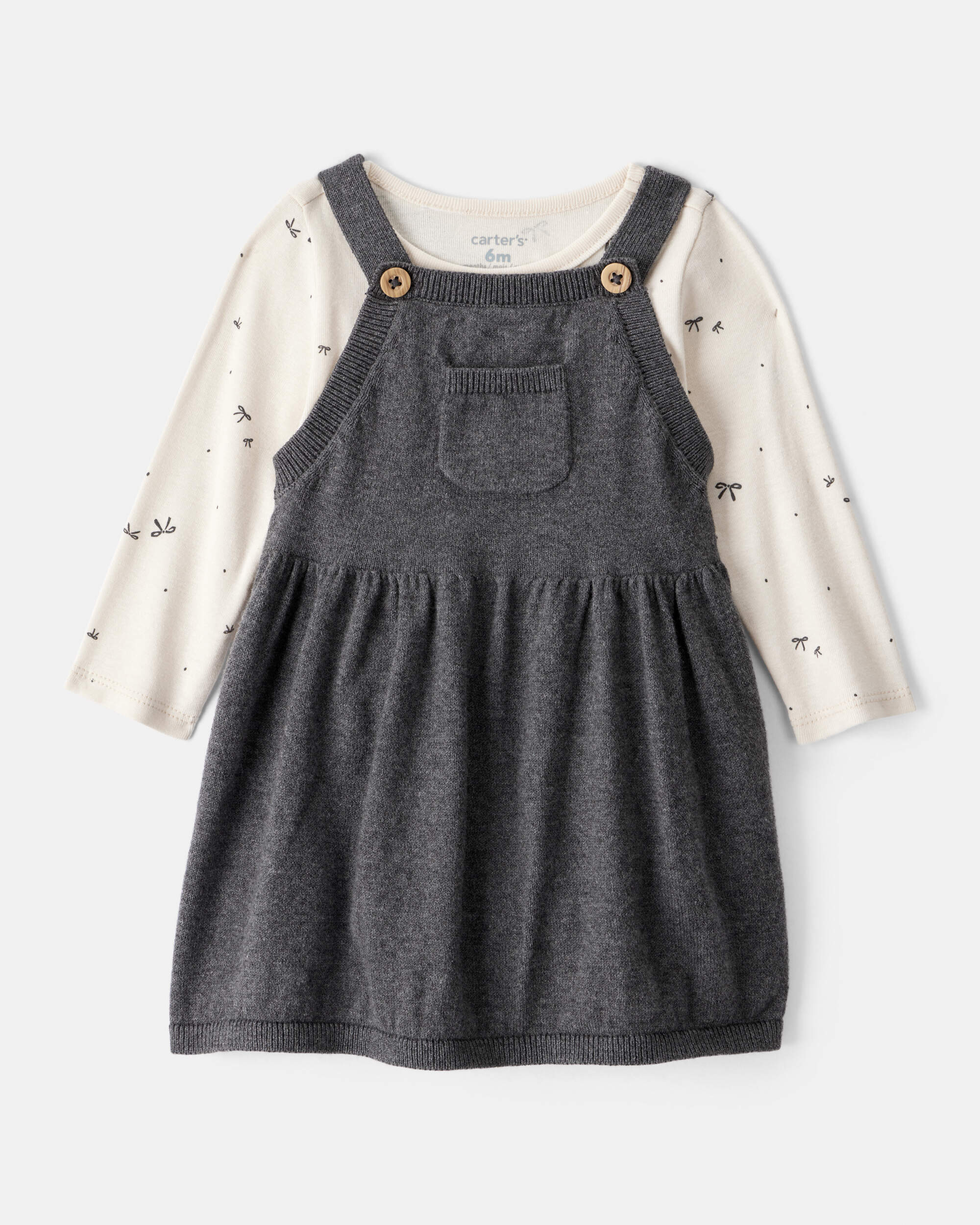 Baby Girl Bow Print Cotton Long-Sleeve Dress Set - White/Grey
