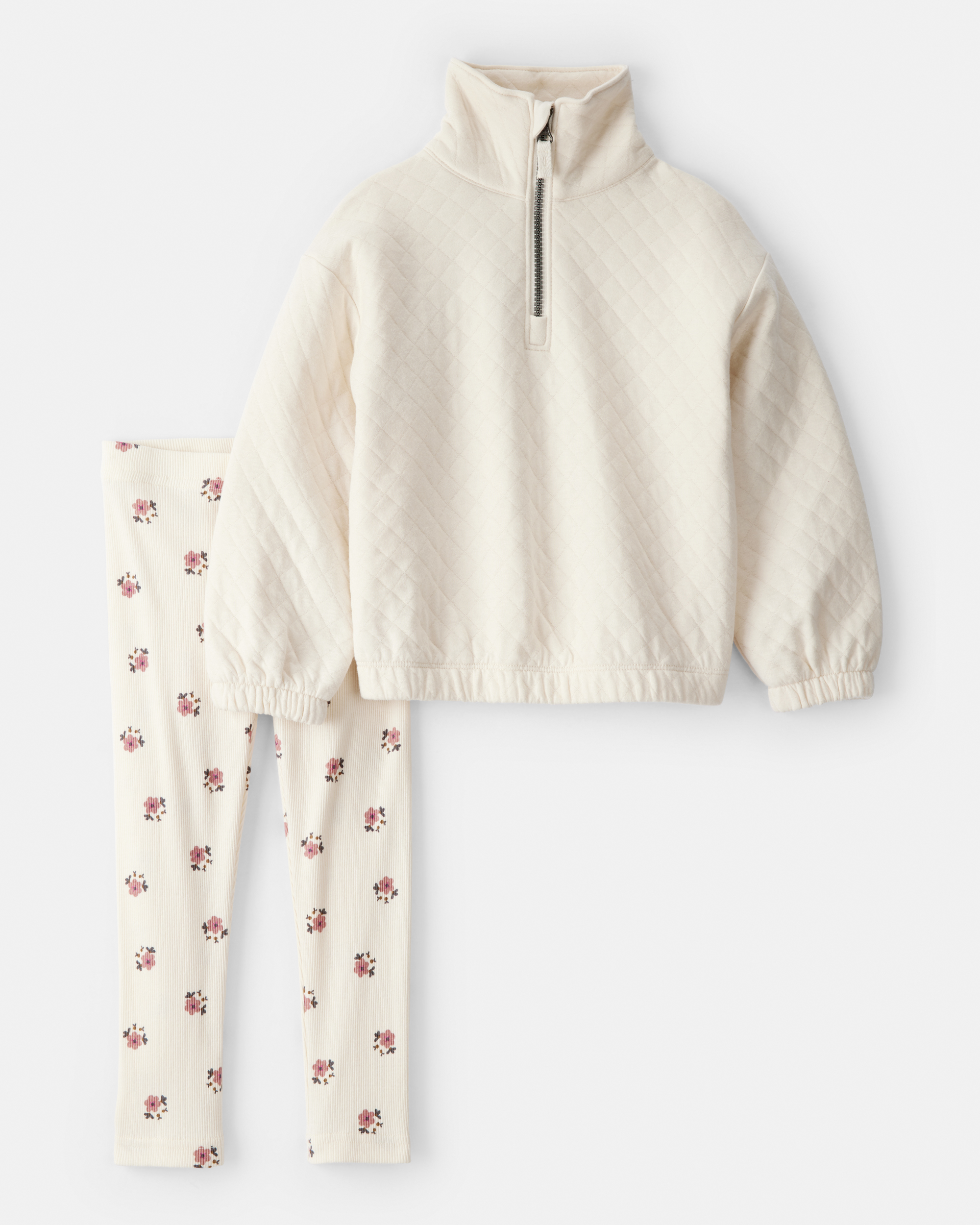 Toddler Girl Quilted Quarter-Zip & Floral Legging Set - Cream