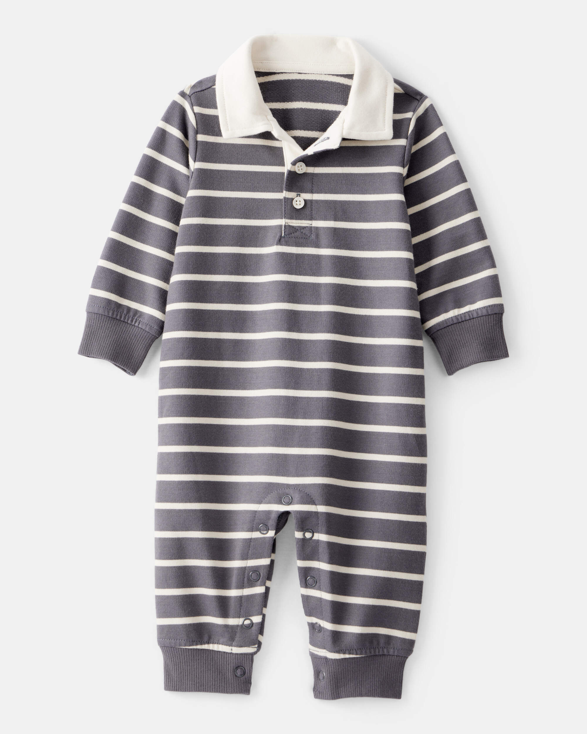 Baby Boy Striped Cotton Long-Sleeve Polo Jumpsuit - Grey/Ivory