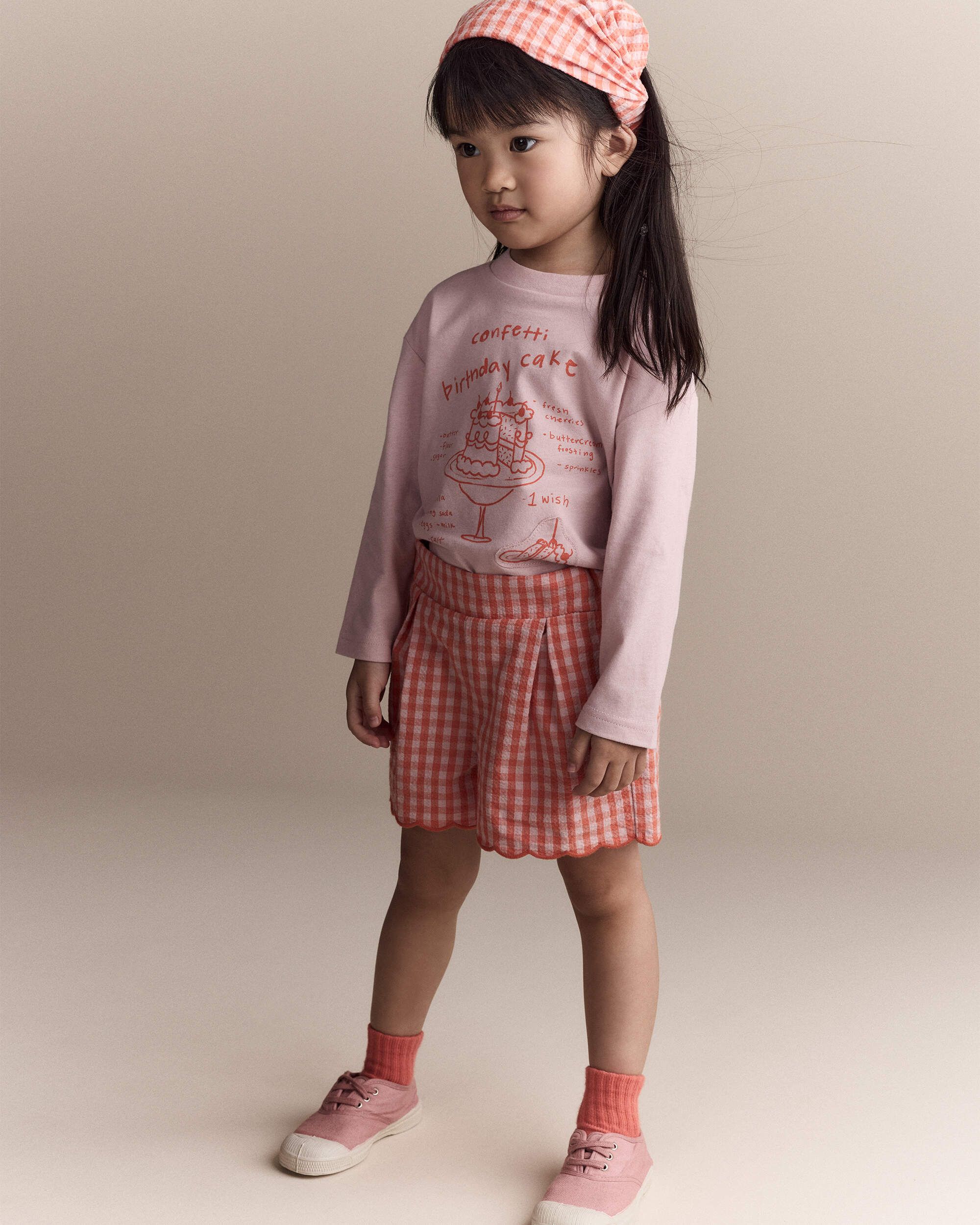 Toddler Girl Gingham Scalloped Short - Orange