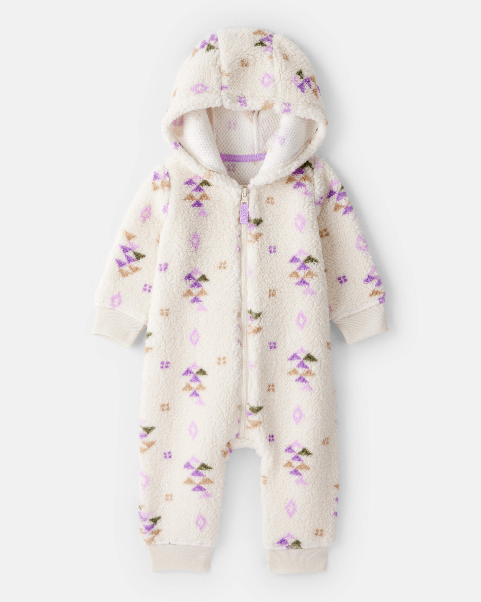 Baby Girl Aztec Print Sherpa Long-Sleeve Jumpsuit - Cream