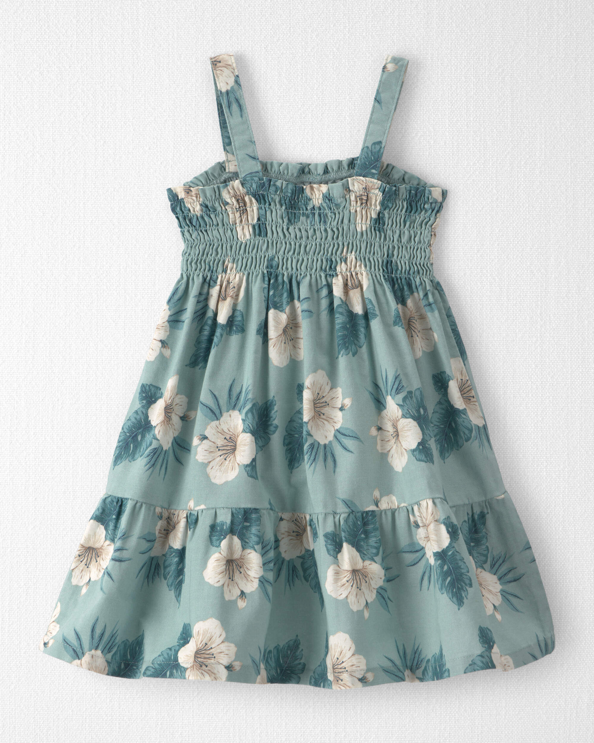 Toddler Girl  Smocked Linen Dress Made with Organic Cotton Blue Hibiscus