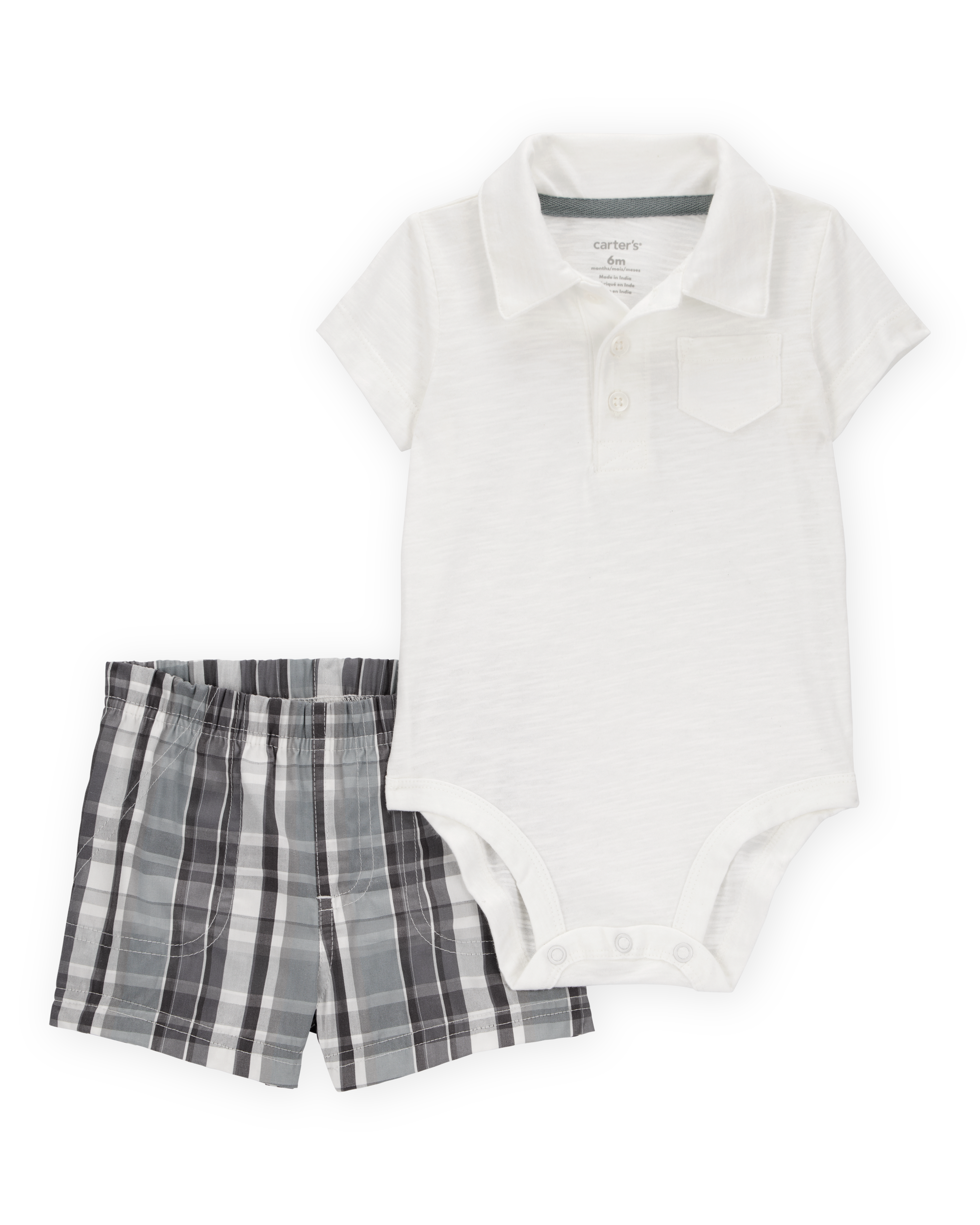 Baby Boy 2-Piece Polo Bodysuit & Plaid Short Set - Ivory/Grey