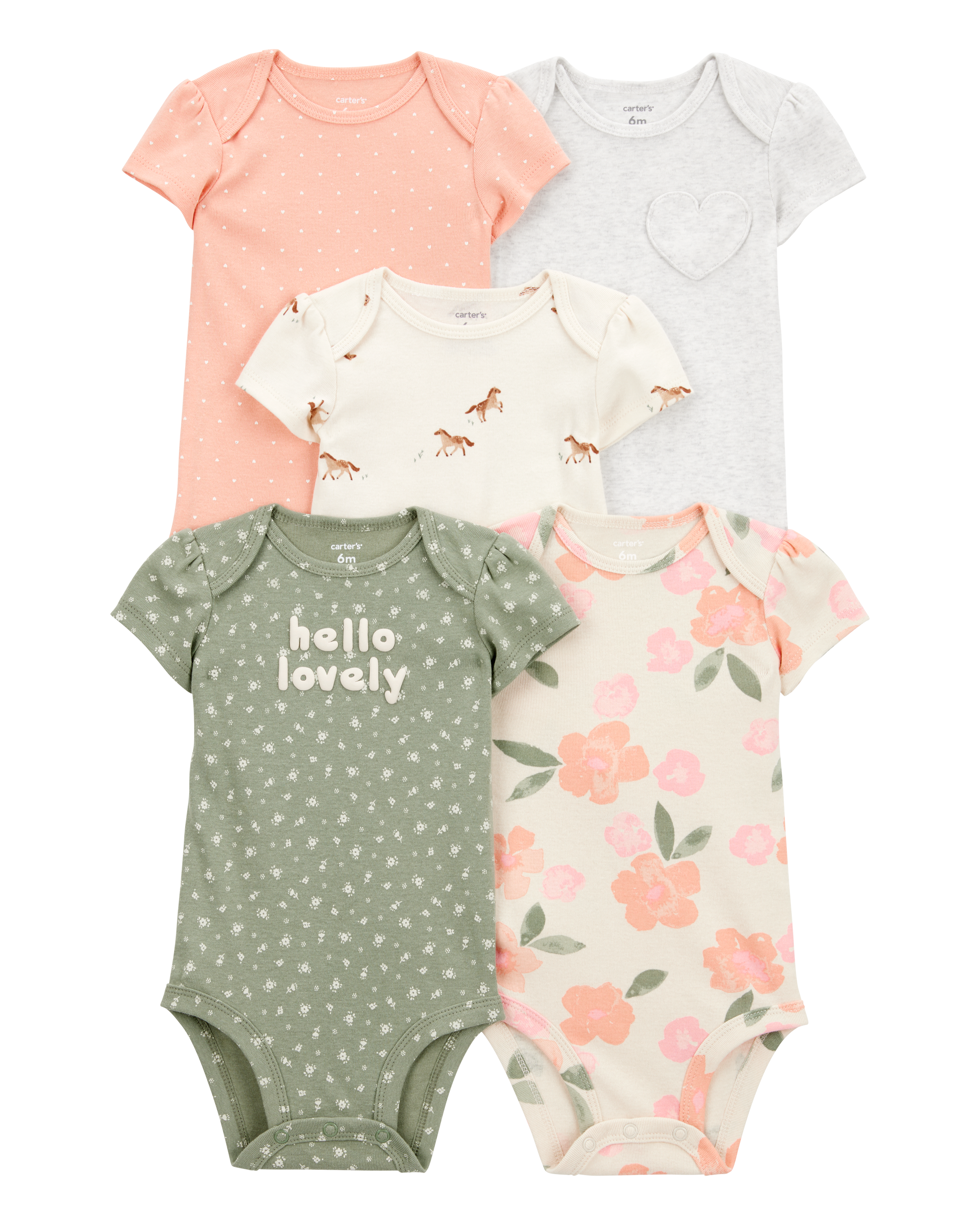 5-Pack Floral Horses Short-Sleeve Cotton Bodysuits