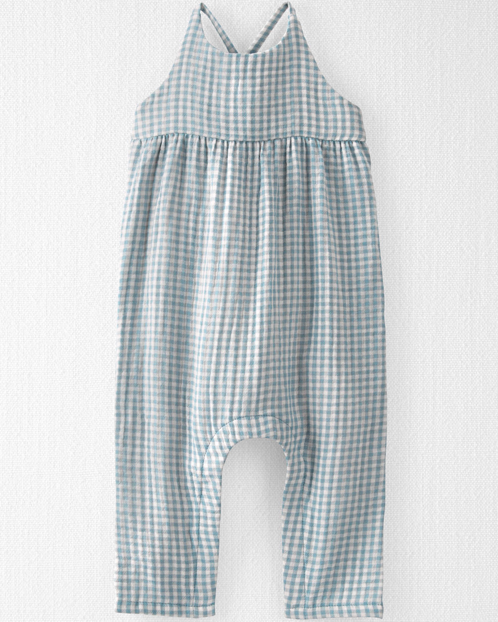 ロンパース・カバーオール organic zoo blue gingham jumpsuit 1-2y ORGANIC ZOO｜藍格紋連身褲- Pottery Blue Gingham Artisan Jumps