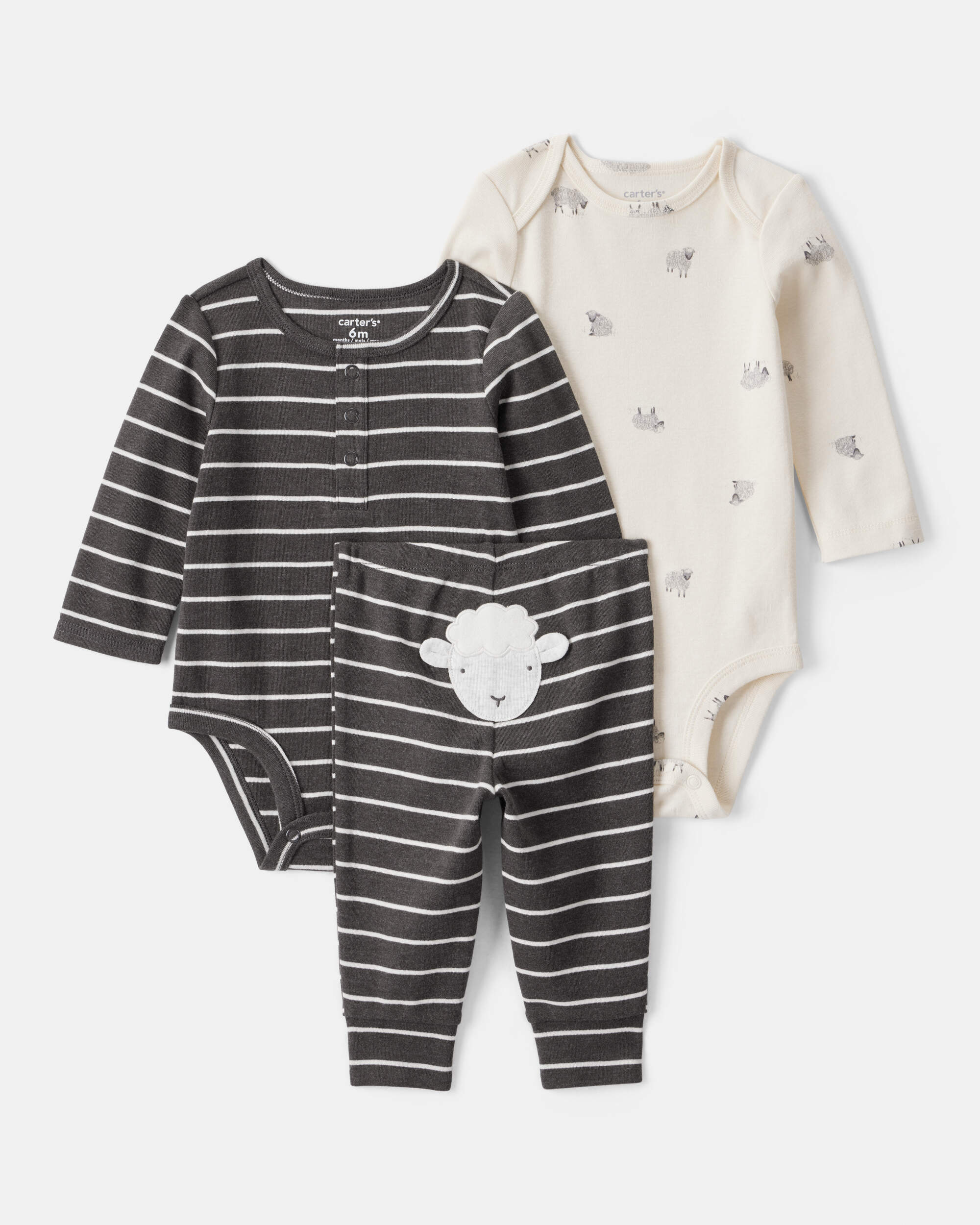 Baby Boy 3-Piece Striped Sheep Print Long-Sleeve Bodysuits & Pant Set - White/Black
