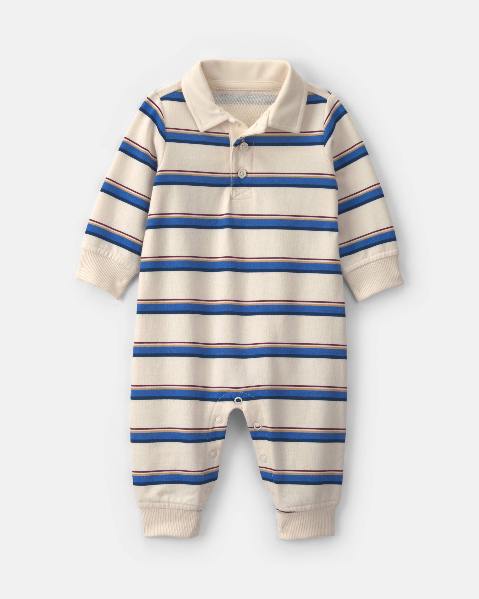 Baby Boy Striped French Terry Long-Sleeve Jumpsuit - Blue/Cream