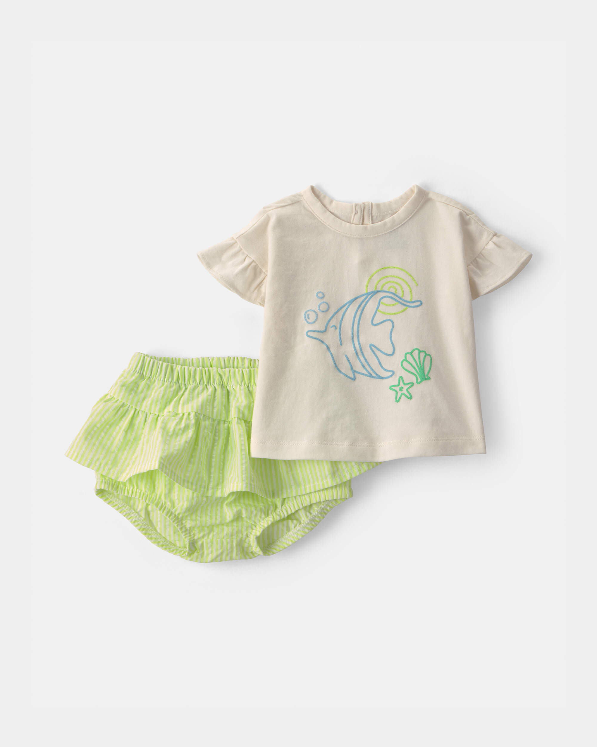 Baby Girl 2-Piece Fish Top & Short Set - Cream/Green