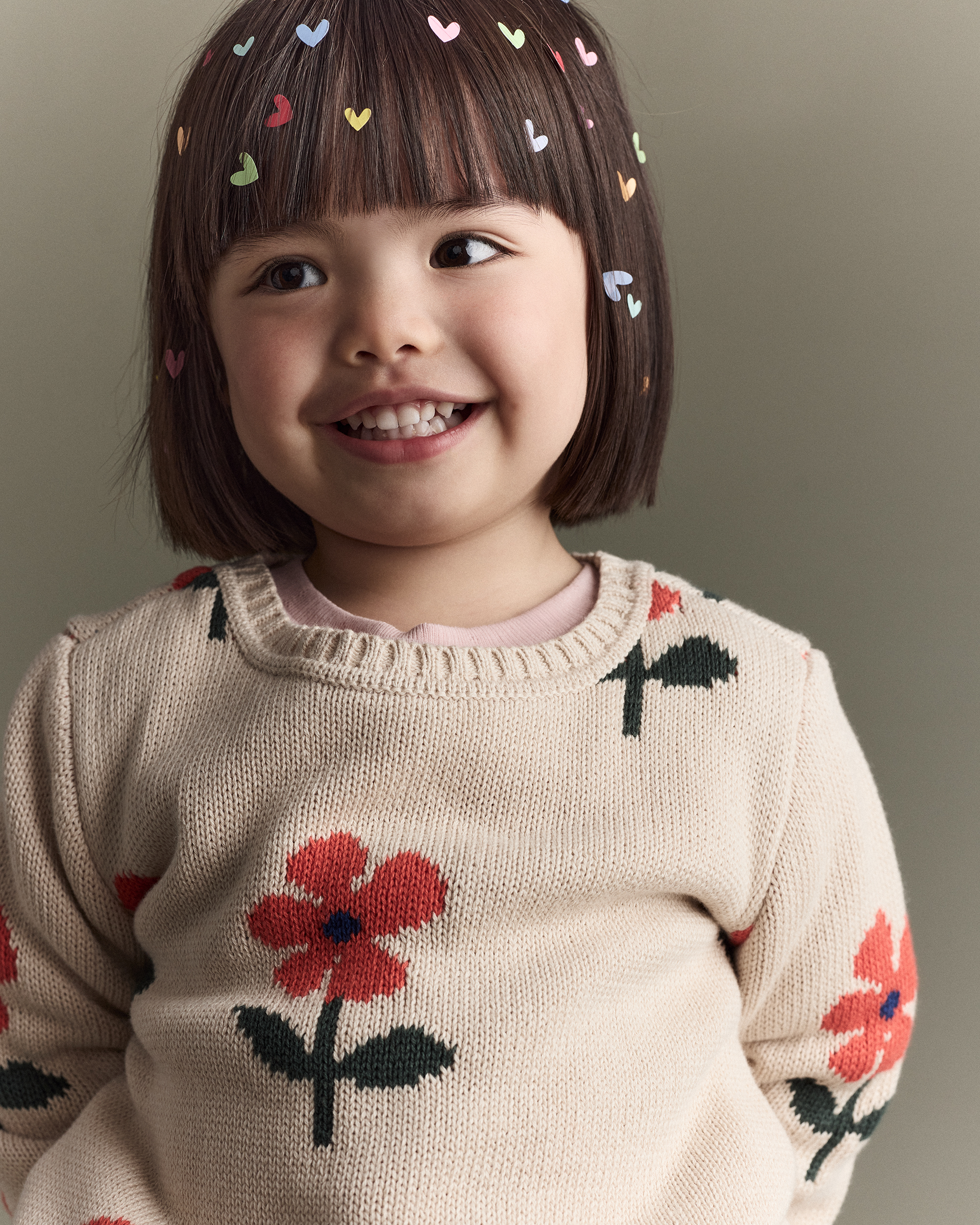 Toddler Girl Floral Pullover Sweater - Khaki