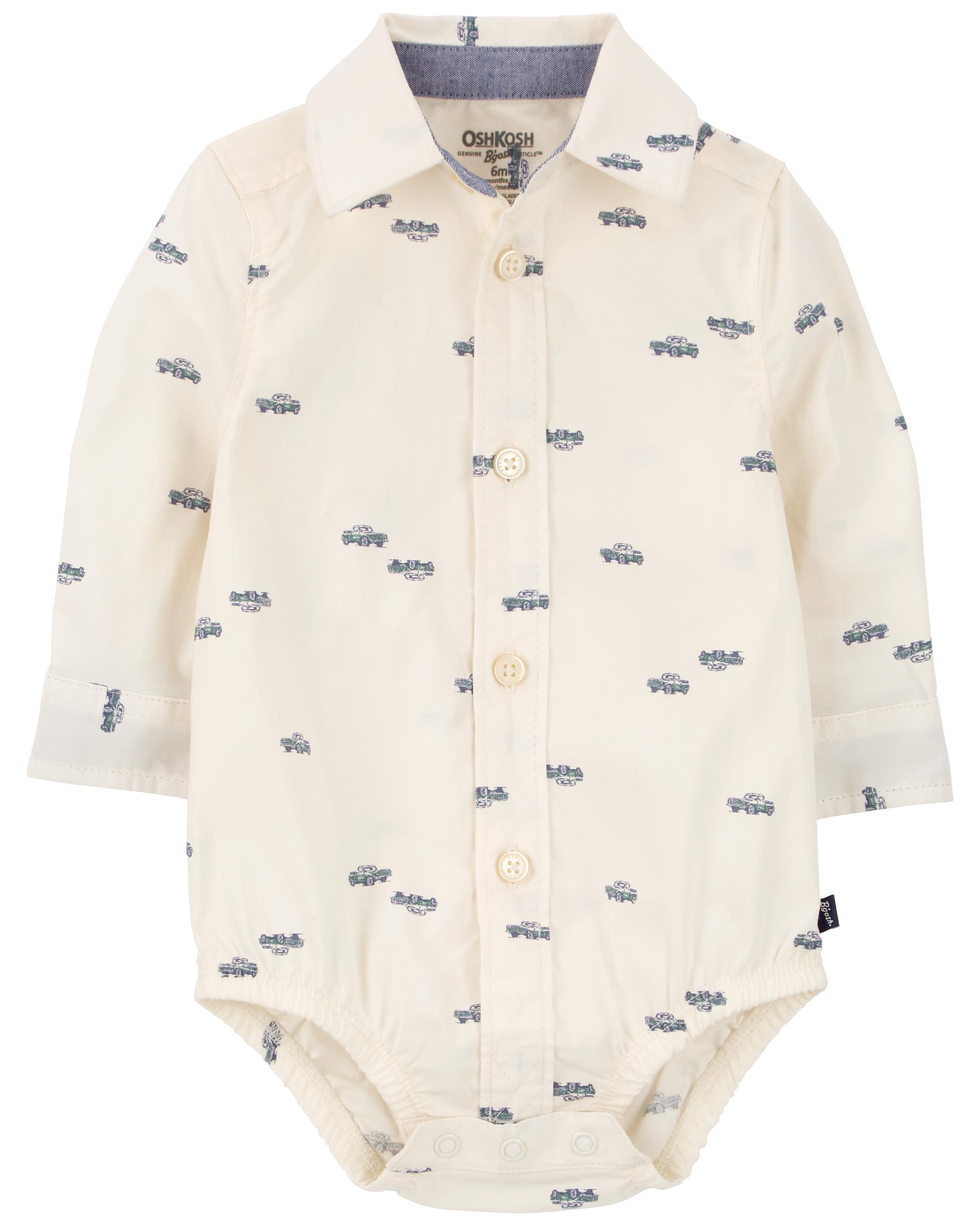 Baby White Truck Print Button-Front Bodysuit