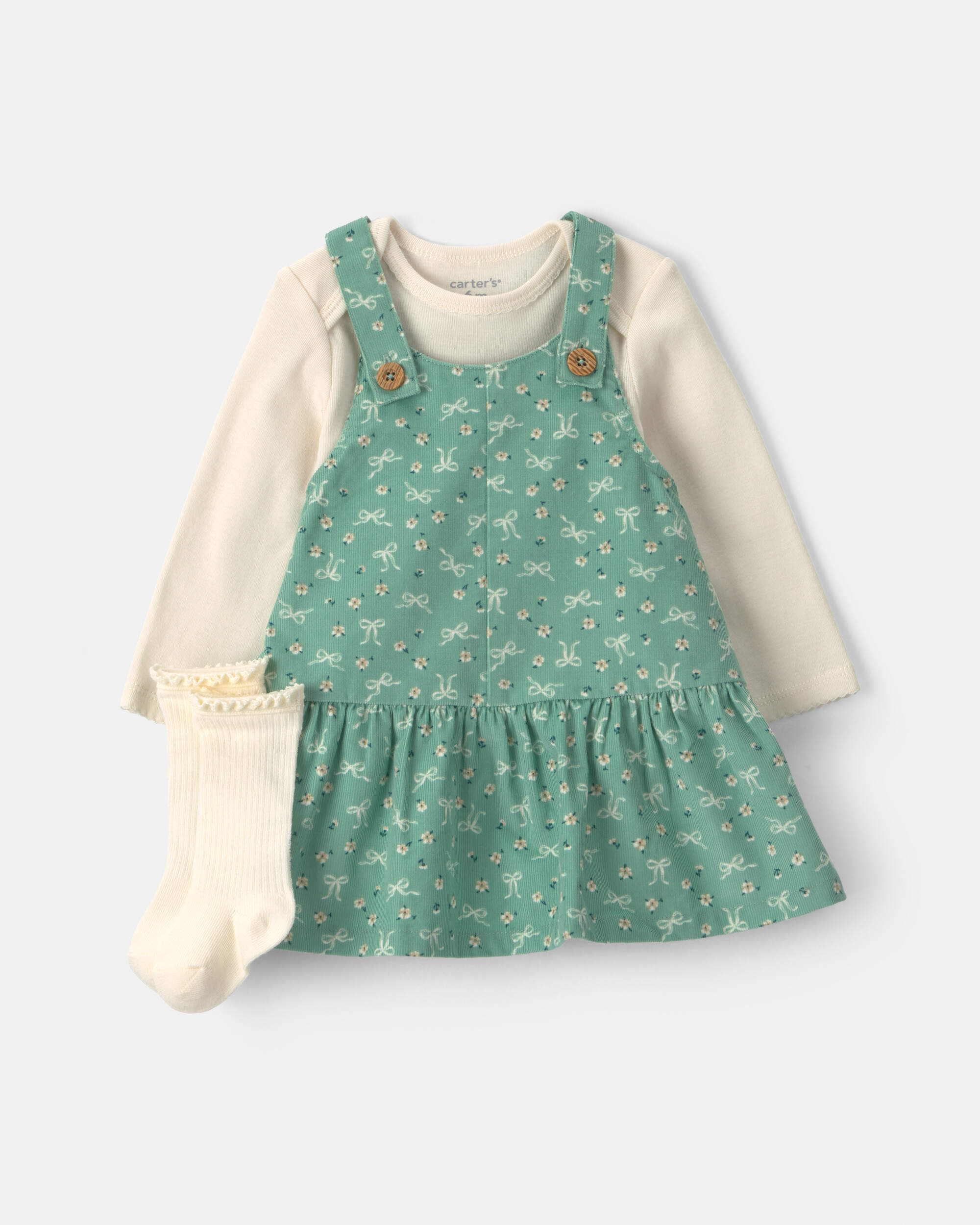 Baby Girl 3-Piece Bow Floral Corduroy Long-Sleeve Dress Set - Green/Cream