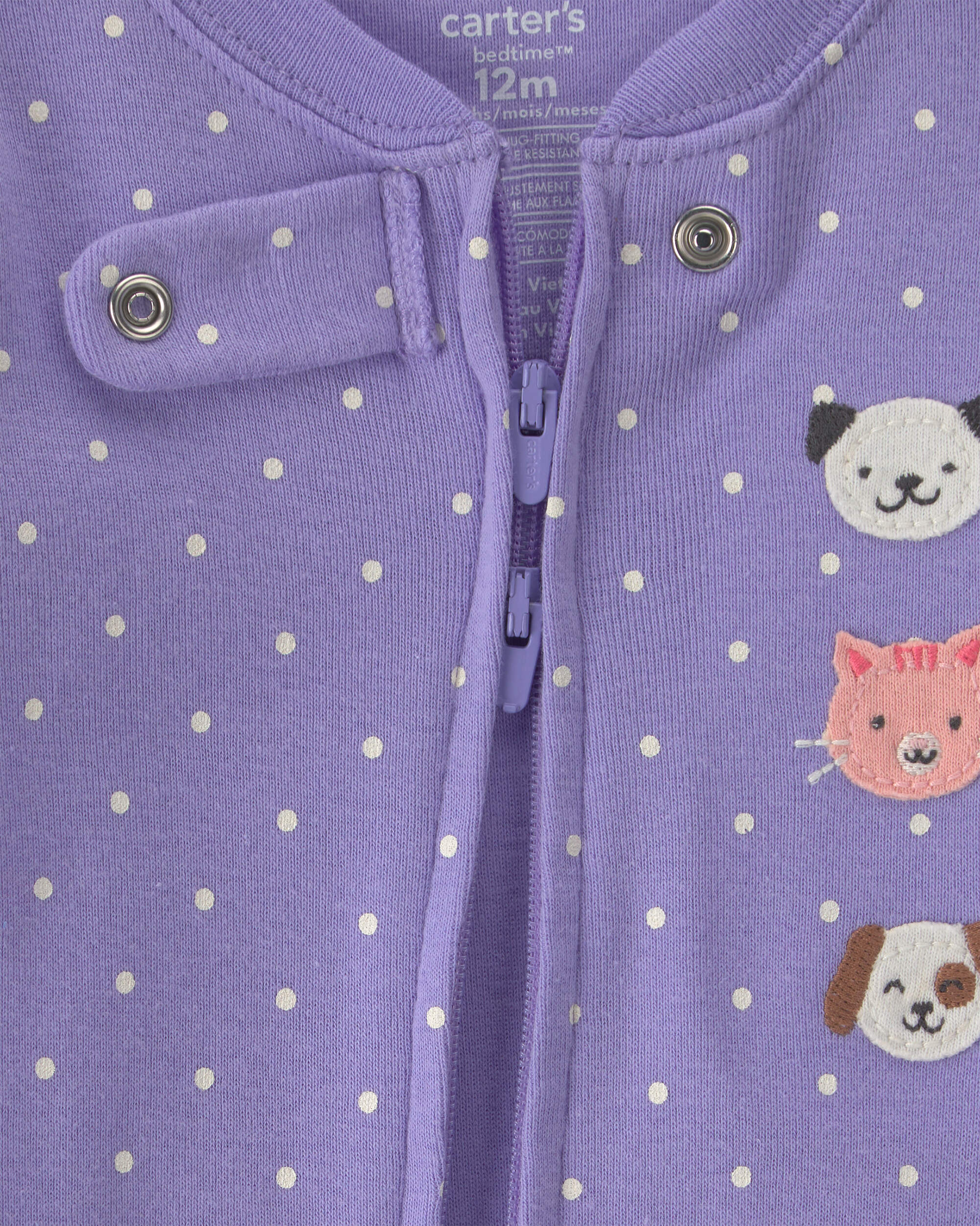 Baby Girl 1-Piece Pets 2-Way Zip 100% Cotton Snug Fit Footed Pyjama - Purple
