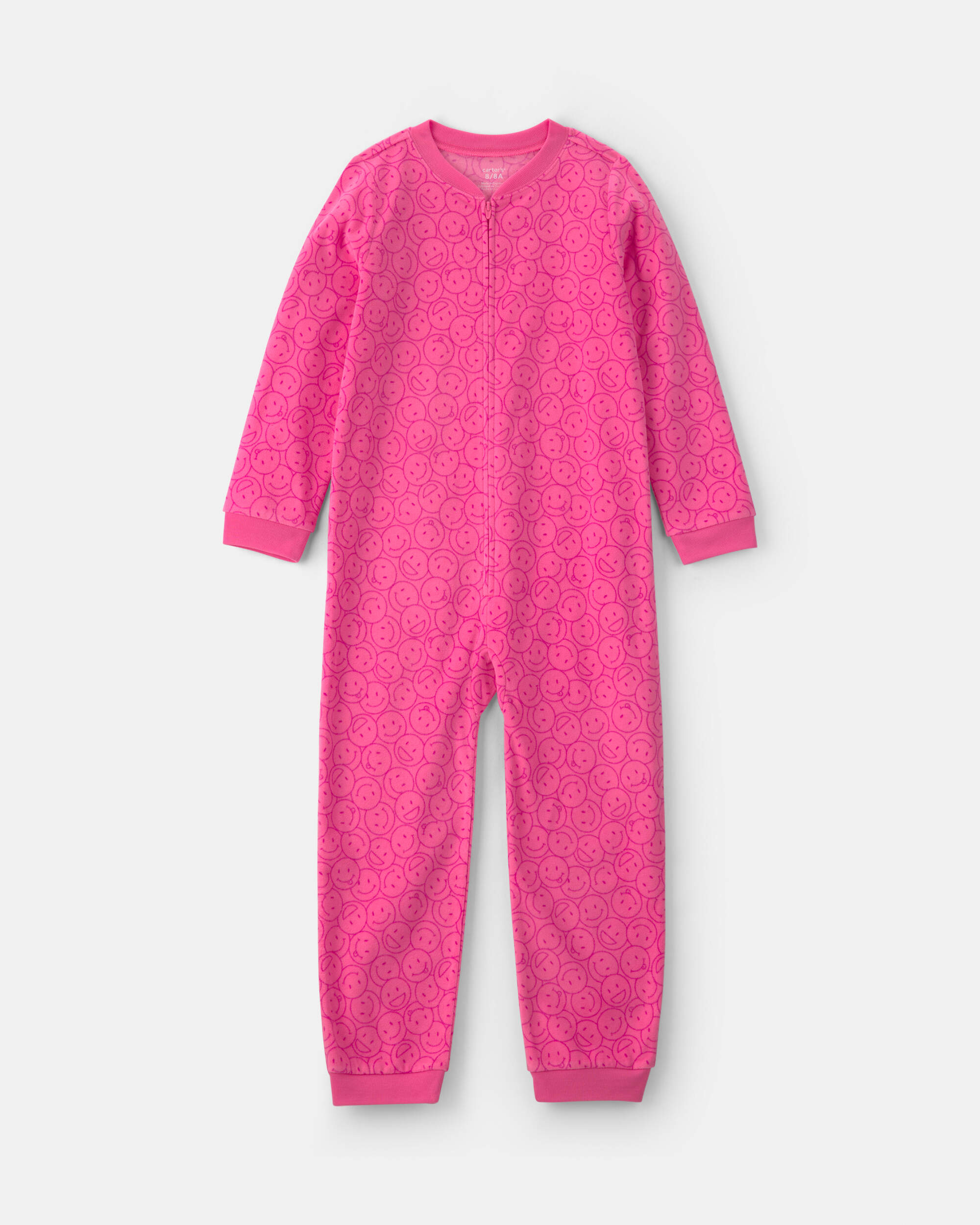 Girls 1-Piece Smiley Faces Fleece Loose Fit Pyjama - Pink