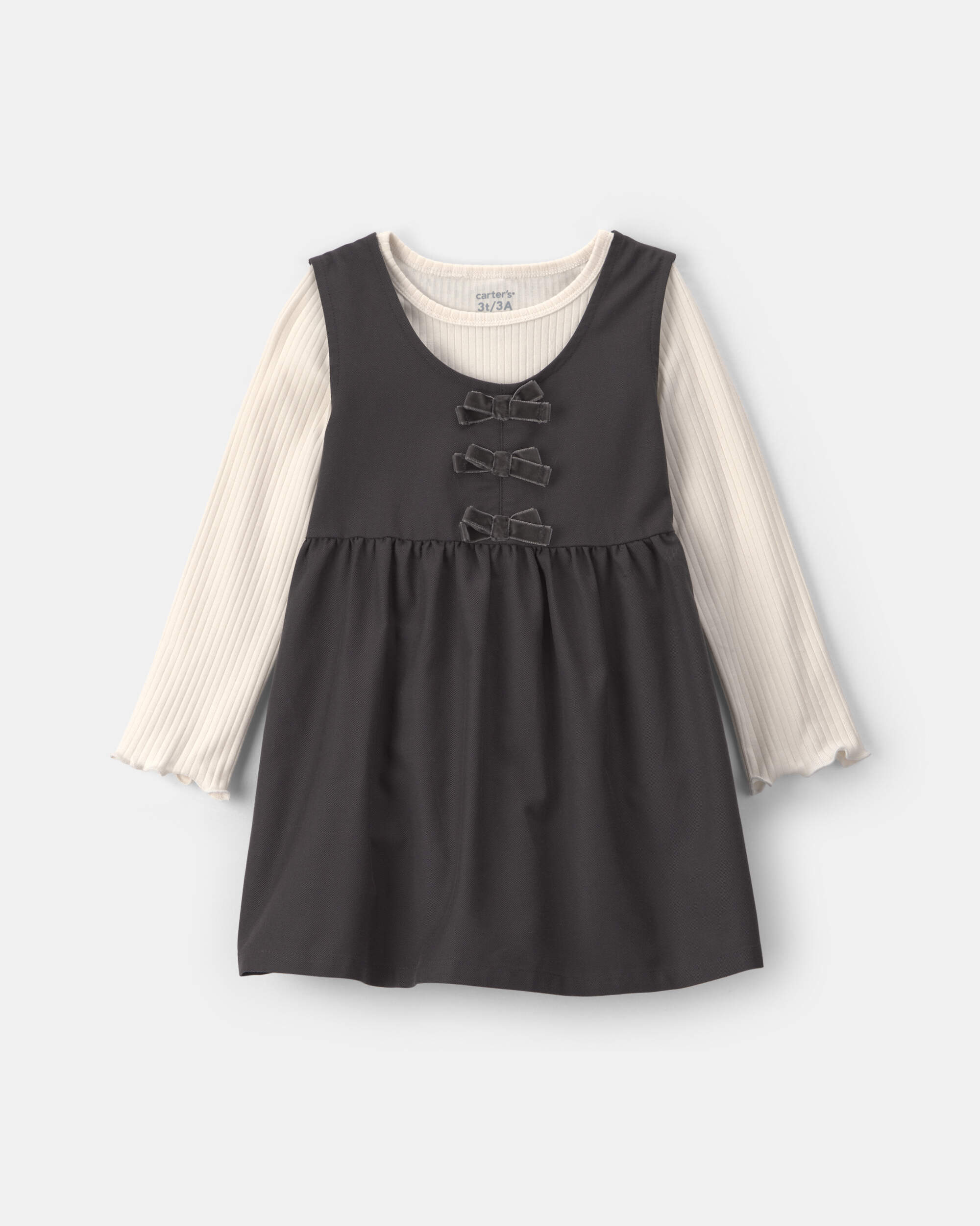 Toddler Girl 2-Piece Bow Twill Long-Sleeve Dress Set - Black/Cream